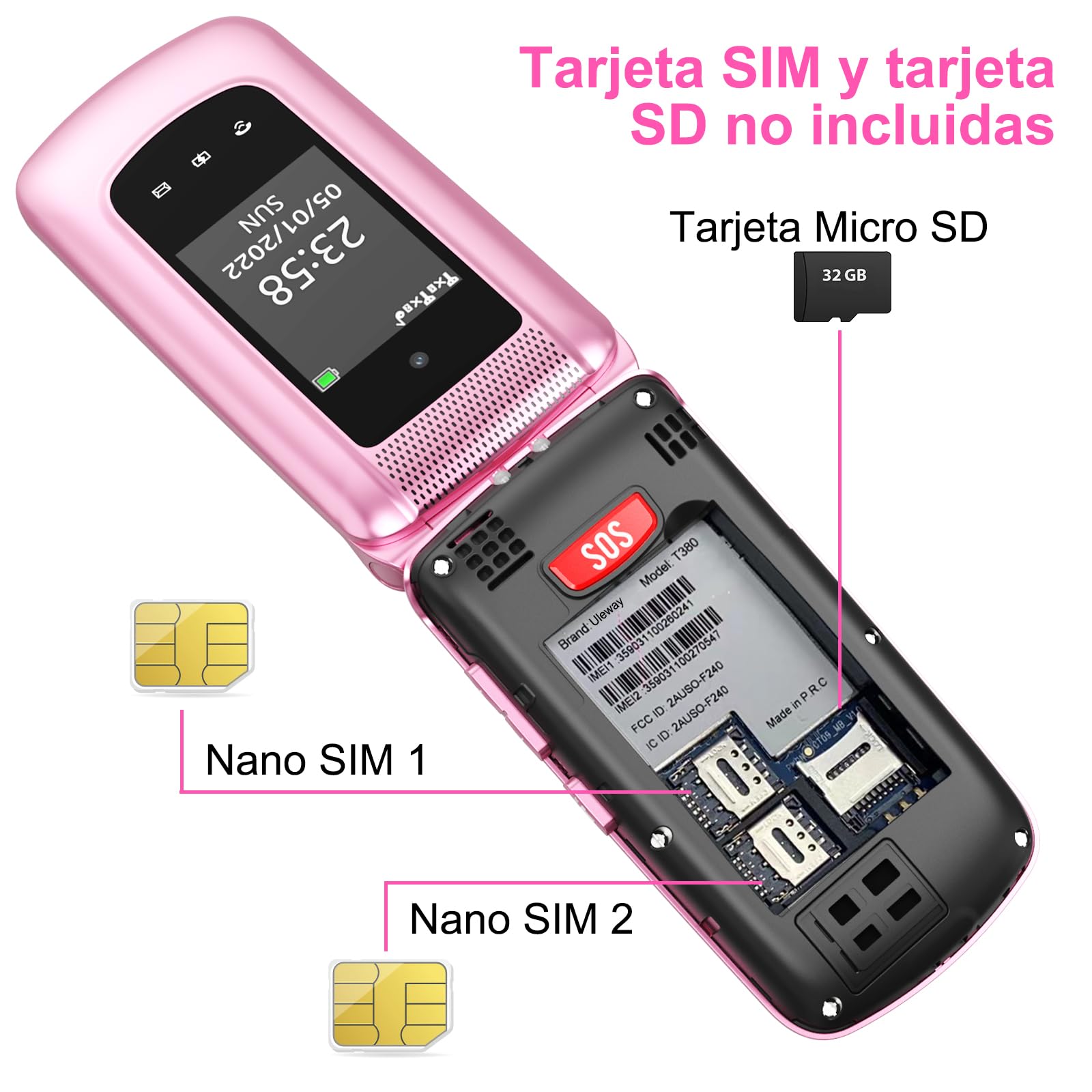 4G Telefono Movil para Mayores Libre | Teclas Grandes | Fácil de Usar Teléfono Móvil Personas Mayores| Doble SIM Doble Pantalla LCD | Locución por Voz |Botón SOS| Base Cargadora| Batería 1000mah|Rosa