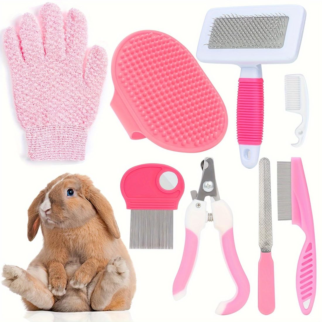 Ensemble de soins pour lapins 8 pièces rose – Accessoires pour lapins avec coupe ongle, lime, peigne anti-puces, brosse lapin, brosse de bain et gant de massage pour lapin, cochon d'inde