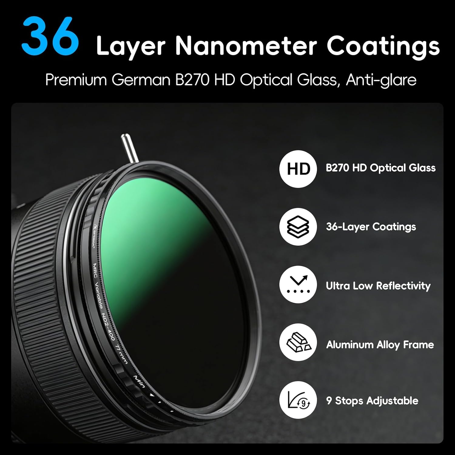 Artman 77mm Variable ND2-ND400 ND Lens Filter (1-9 Stops) 36 Multi-Layer Coatings Import B270 Glass Adjustable Neutral Density Filter for Camera Lens (Luma X Series)