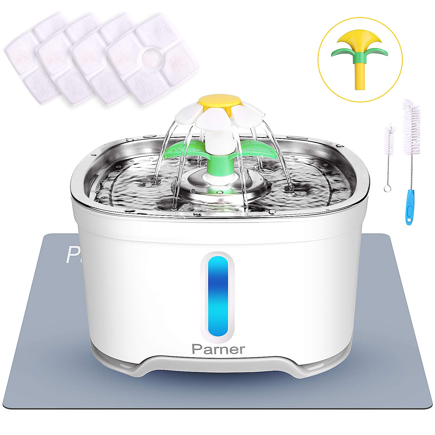 Parner Cat Water Dispenser, Stainless Steel Pet Fountain Flower 2.5L Auto Cat Fountain, Quiet Cat Drinking Fountain with 4 Filters & 1 Silicone Mat & 2 Cleaning Brushes for Cat, Dog, Bird, Other Pets
