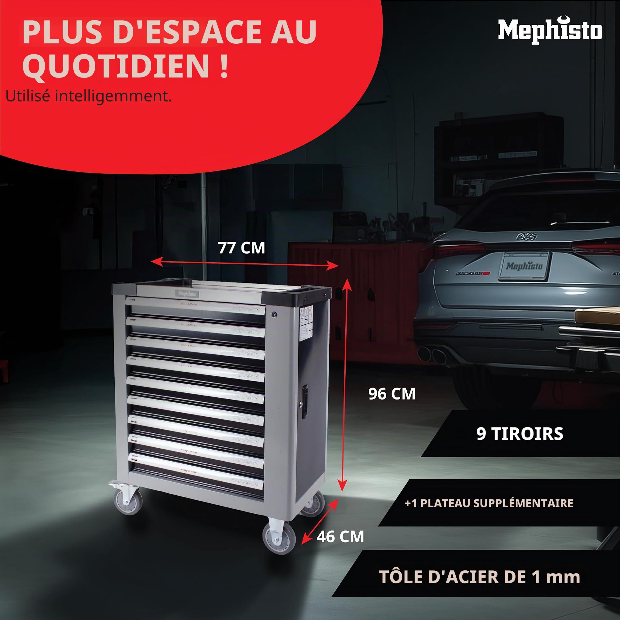Mephisto Servante d'atelier avec 9 tiroirs avec Outils tels Que clé, cliquet avec boîte à Noix, clé à tête de Pipe, etc. dans des incrustations Souples en Carbone et tiroirs remplis de Carbone