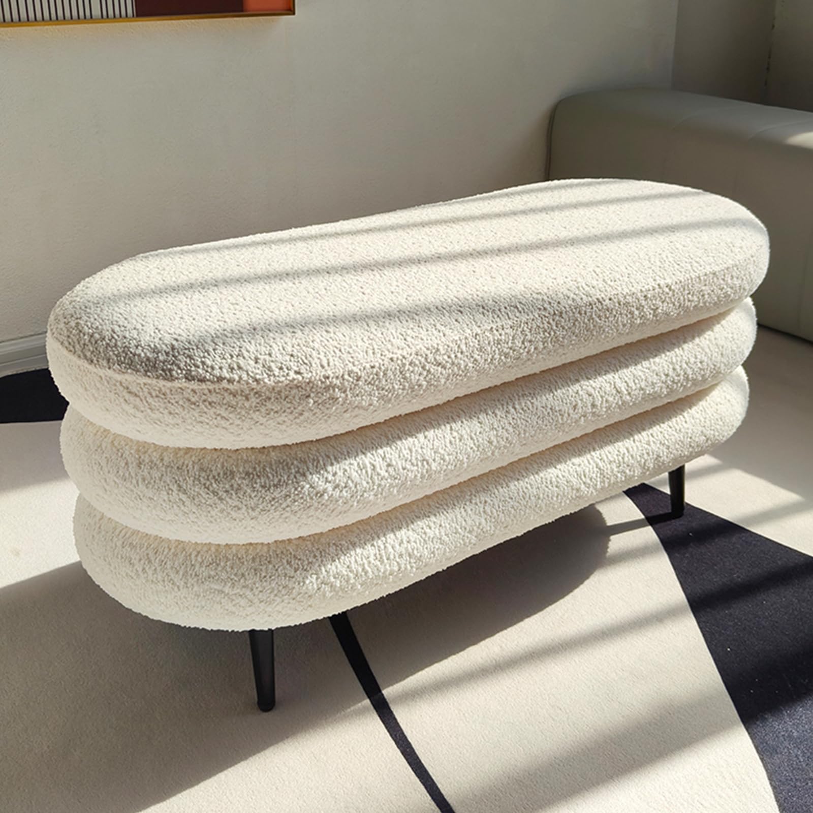 Banc ottoman en chenille blanche 99cm avec pieds en métal