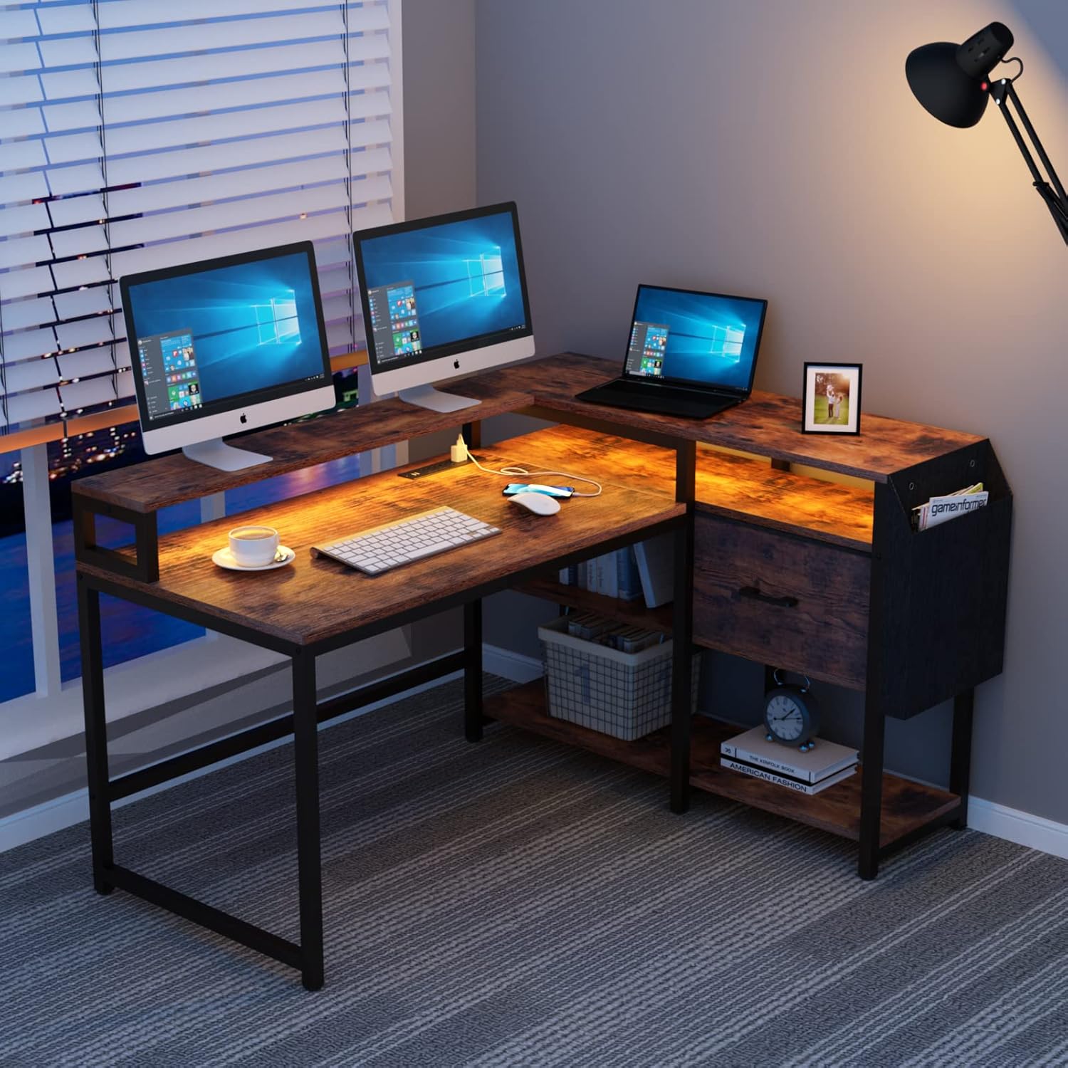 Loomie L Shaped Computer Desk with LED Strip & Power Strip, 55"Wx41"D Reversible Corner Desk with Drawer & Monitor Stand, Home Office Gaming Desk with 4 Tier Storage Shelves & Bag, Study Table, Rustic : Home & Kitchen