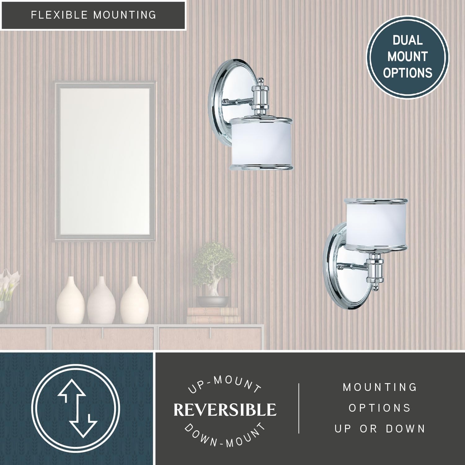 VAXCEL Carlisle 1-Light 5.75 inch Wide Chrome Transitional Bathroom Vanity Lighting Fixture, White Frosted Opal Glass Shade, Dimmable, LED Compatible, Reversible Wall Mounted Steel Sconce