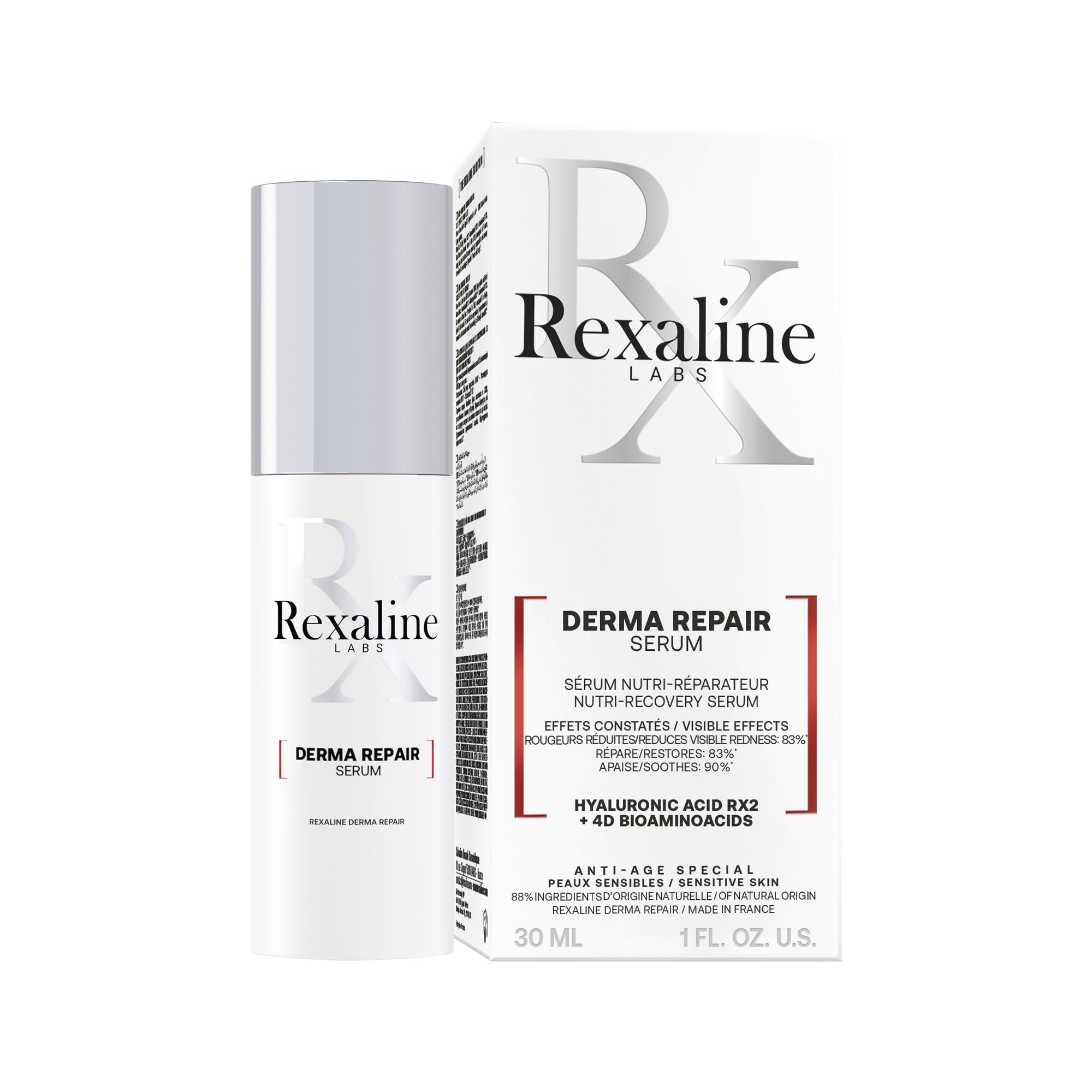 Rexaline Derma Repair Sérum – Soin Anti-Rougeurs & Apaisant Peaux Sensibles – Acide Hyaluronique RX2 & Pigments Verts – Hydratation Profonde & Correction Instantanée – 30ml