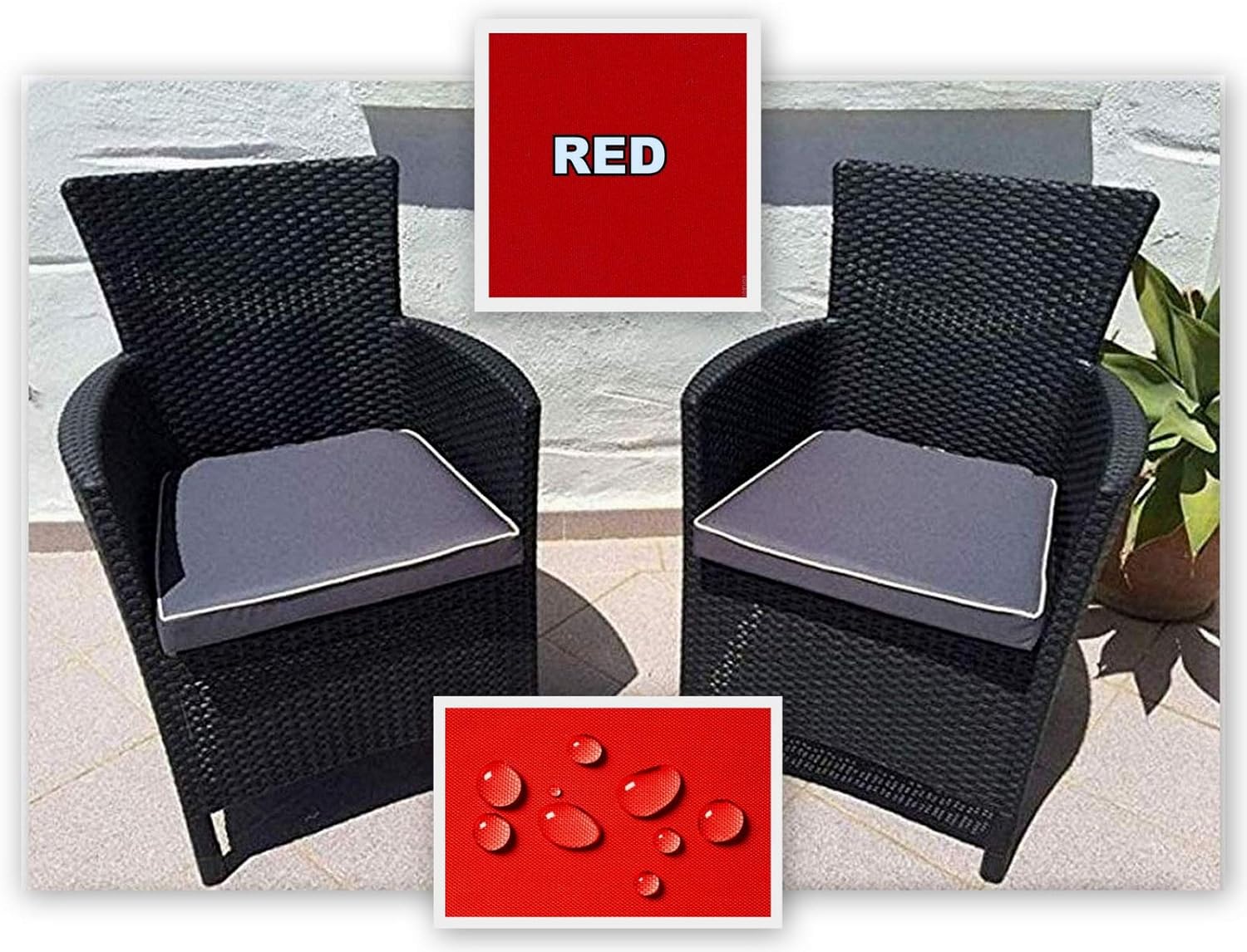 2 x Rattan Chair Cushions With Shaped Sides RED + Beige Piping