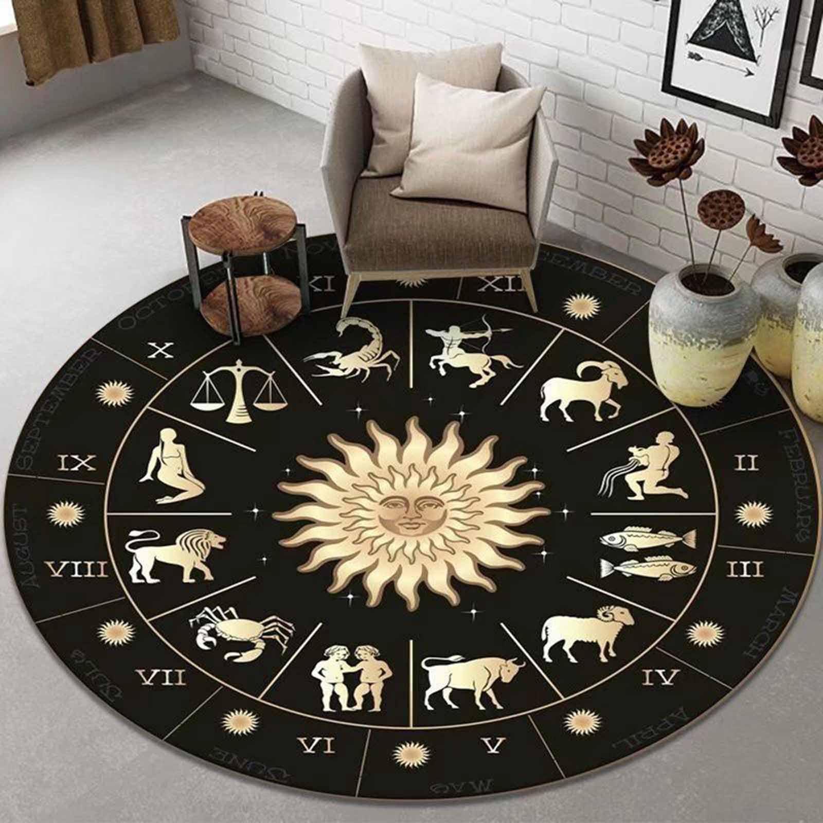 Tapis de couloir cercle noir et or aux motifs d'horloges élégantes