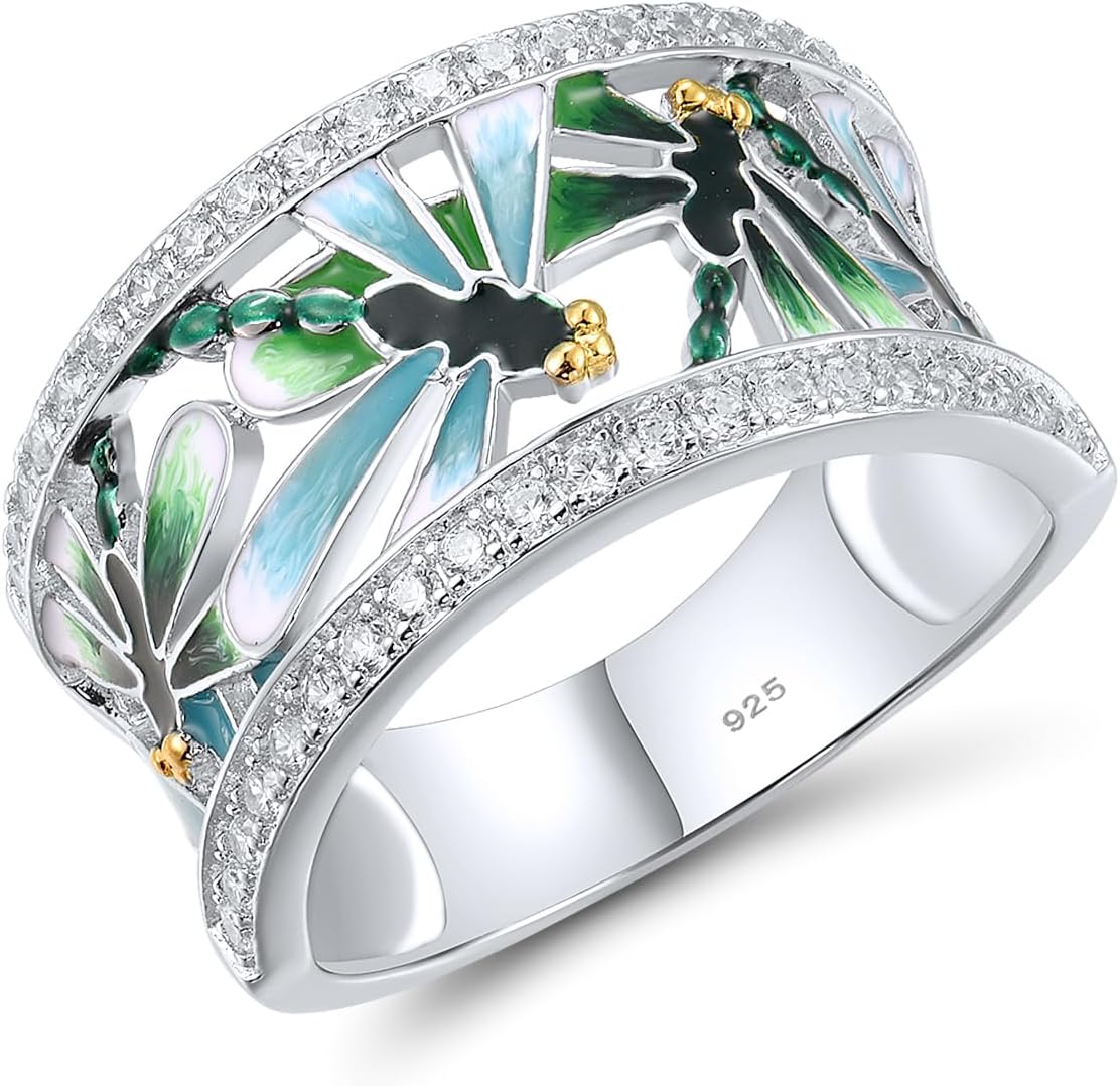Santuzza 925 Sterling Silver Dragonfly Openwork Ring Cubic Zirconia Enamel Flower Ring 14K Gold Plated Vintage Jewelry