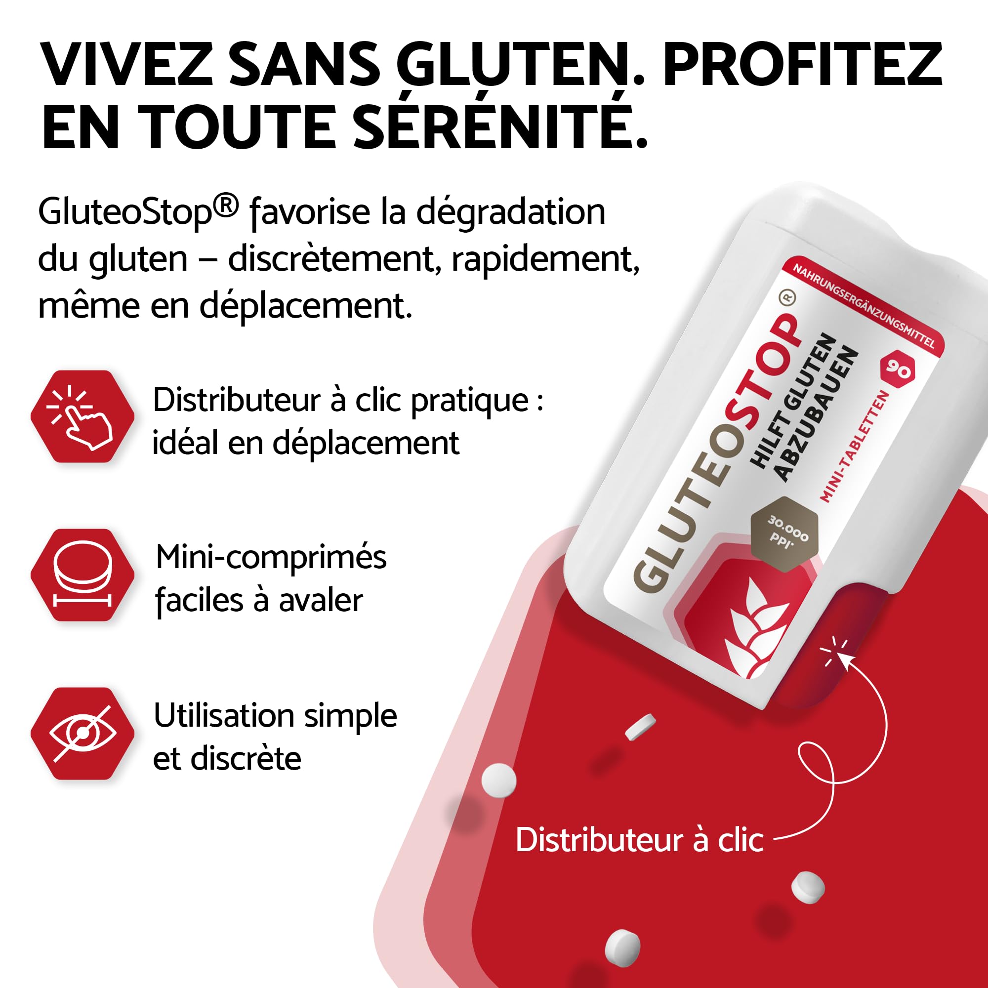 GluteoStop comprimés gluten enzyme 90 mini-comprimés aide décomposer sensibilité intolérance