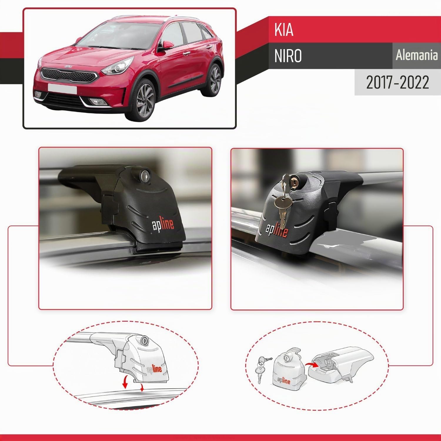 Compatible con Kia Niro (DE) 2017-2022 Modelo Ace-2 Barra de Techo Auto Portaequipajes Barras Transversales Gris Aluminio 2 Barras
