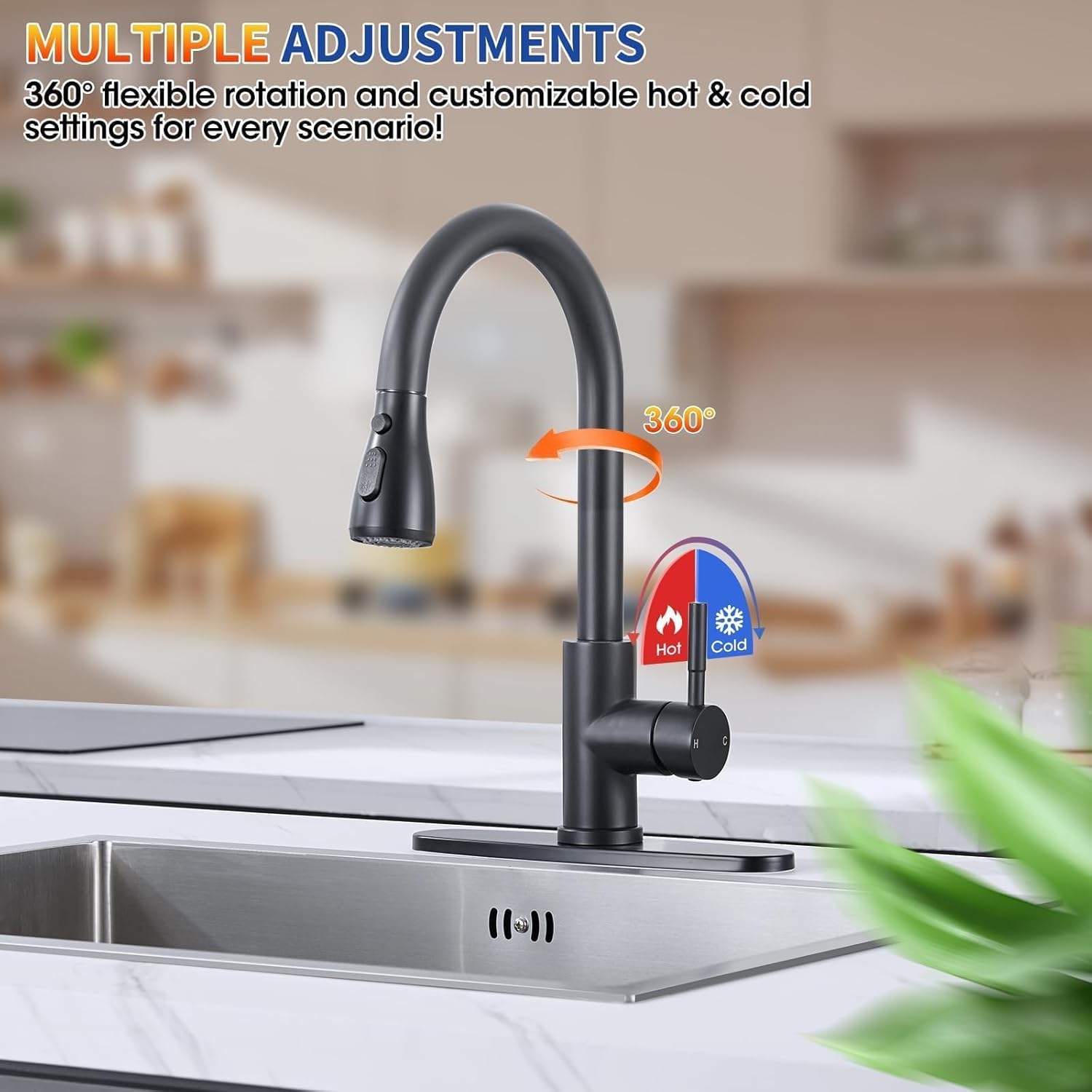 Matte Black Kitchen Faucets with Pull Down Sprayer, High Arc Single Handle Classic Spring Stainless Steel 1 or 3 Hole Kitchen Sink Faucet for Farmhouse RV Laundry Bar Camper Utility Room