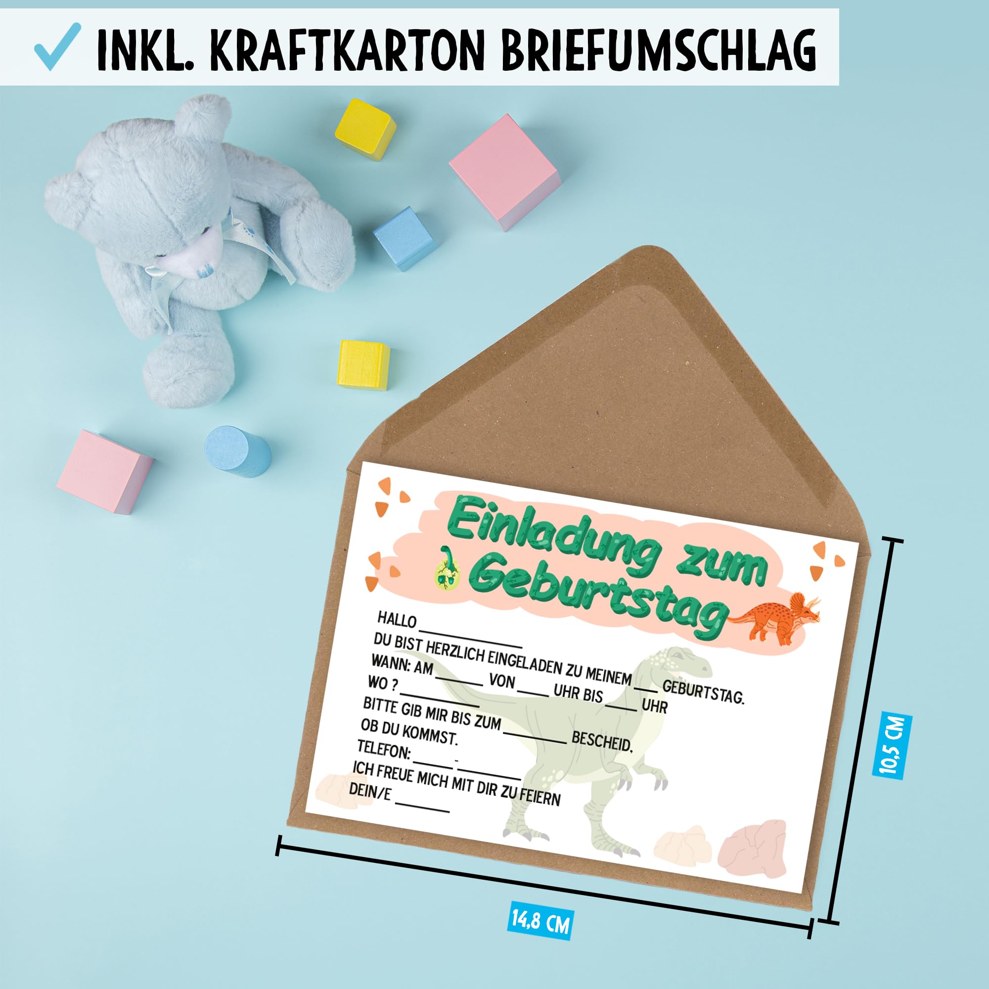 OWLBOOK T-Rex Tyrannosaurus 50 Einladungskarten Kindergeburtstag Junge Jungs Dino Dinosaurier - Geburtstageinladungskarte für Jungen - Kinder Geburtstag Einladungen zur Geburtstagsfeier zum ausfüllen