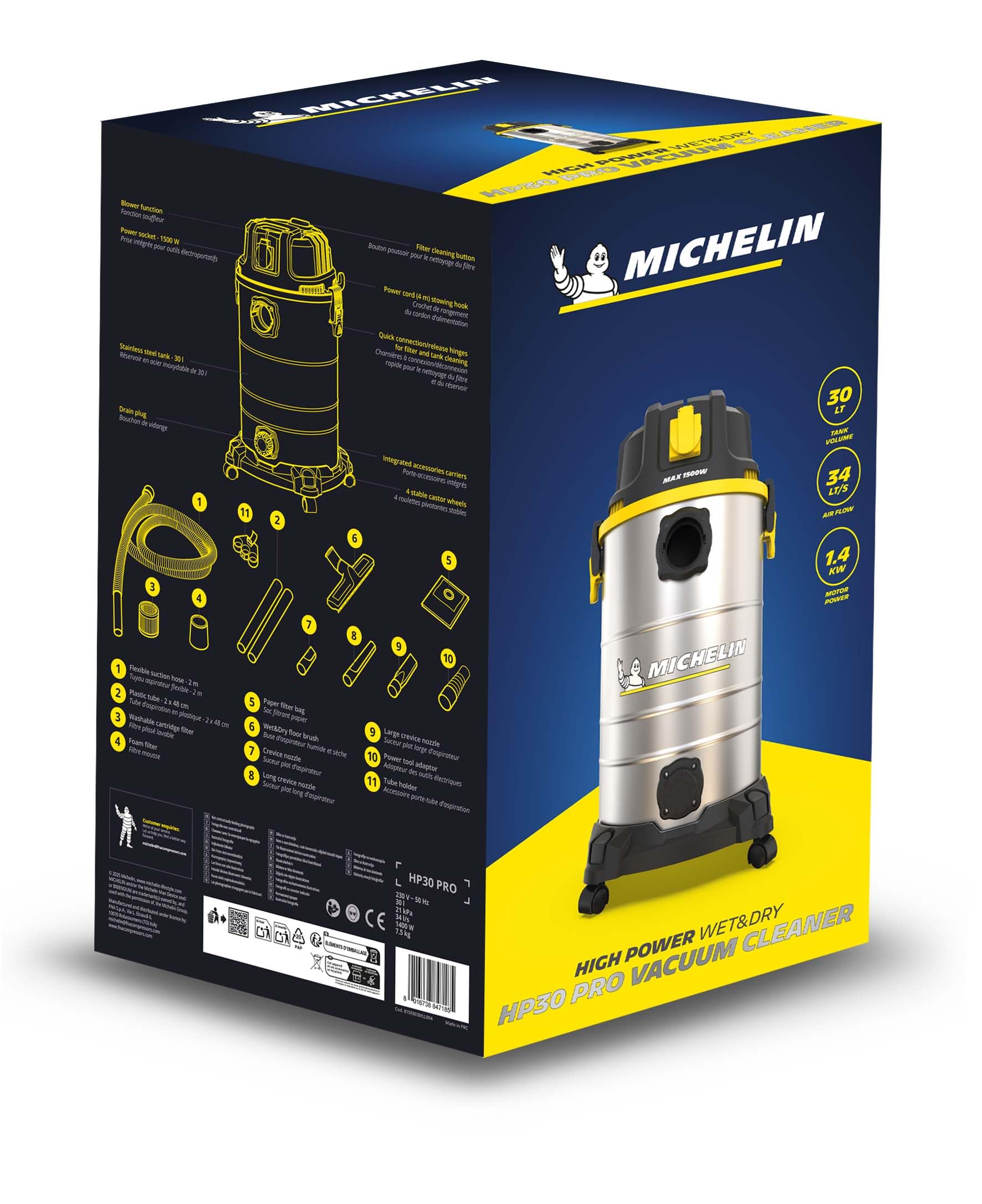 Michelin HP30PRO Aspirador Industrial 30L 1400W - Seco y Húmedo - Depósito INOX - Vibración Mecánica Filtro - Drenaje Líquidos - Cable 4m