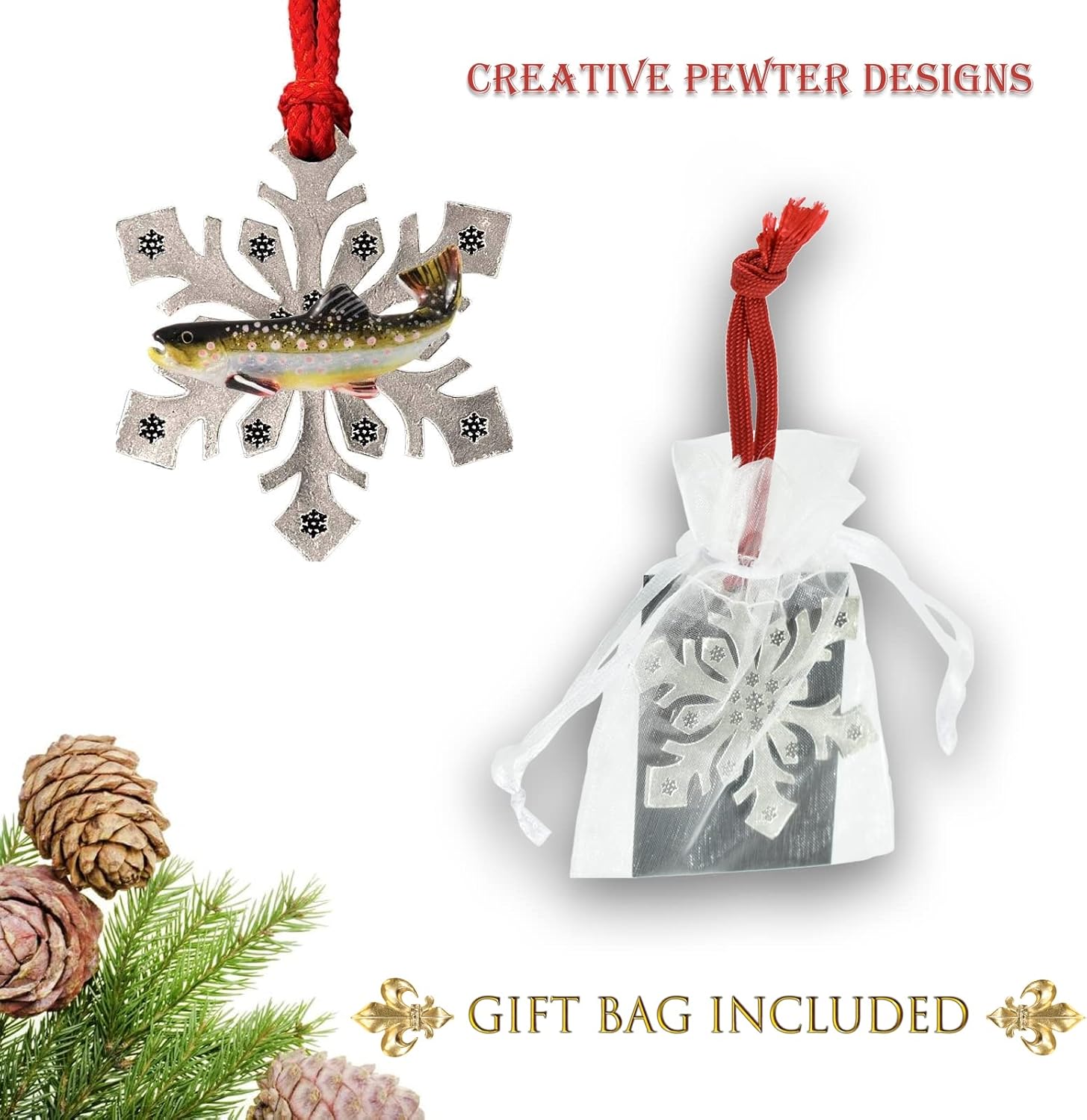 Handcrafted Hand Painted Dolly Varden Hanging Snowflake Ornament Gift for Fishermen to Decorate Holiday Wreaths and Christmas Trees - Made in United States - SKU FP025SF