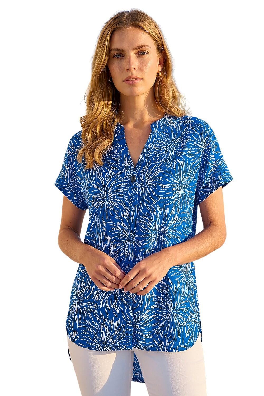 Roman Short Sleeve Shirt for Women UK Ladies Tunic Top Summer Blouse Casual Smat T-Shirt Spring Work Cocktail Party Going Out Special Occassion Holiday V-Neck - Size 14 - Royal Blue Abstract