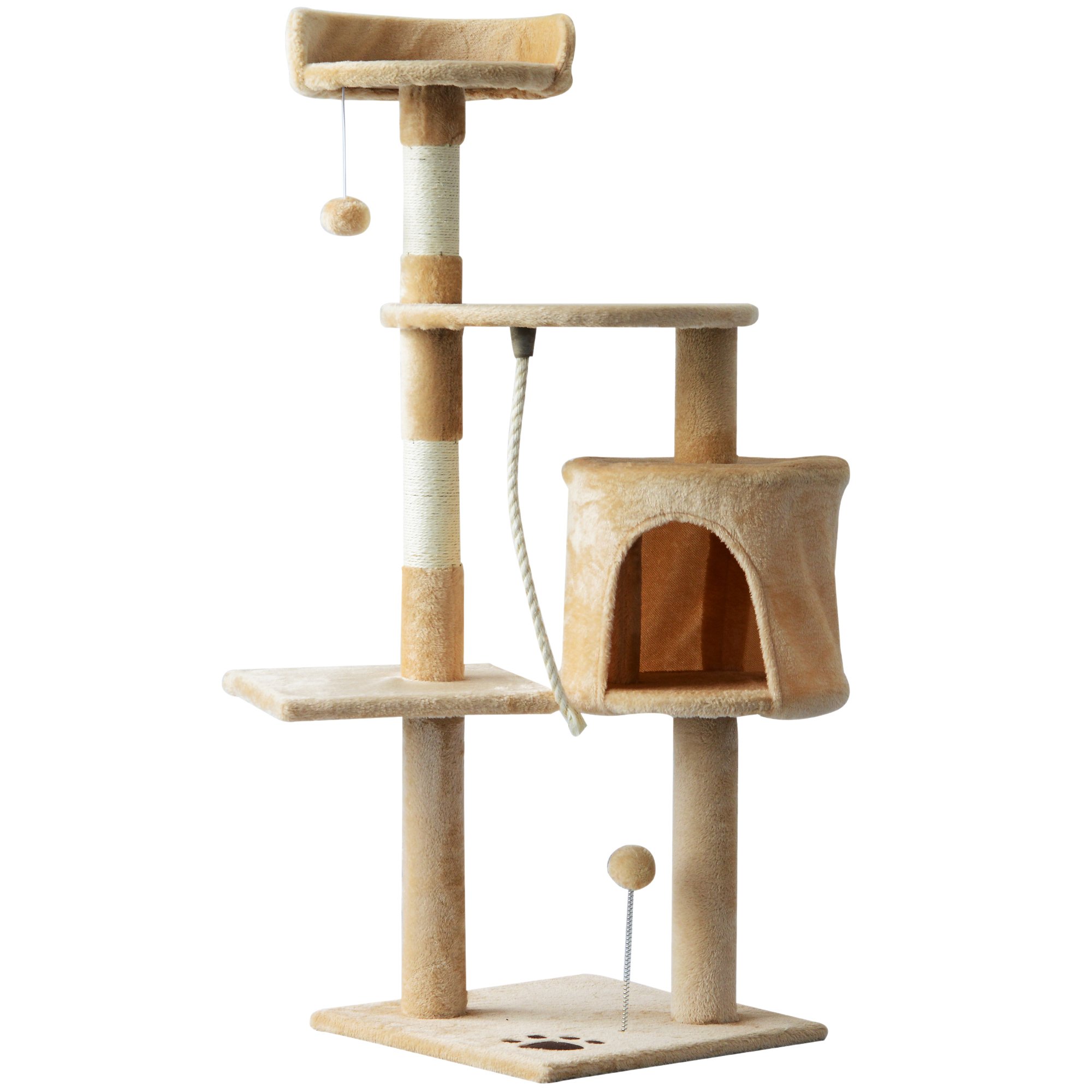 PawHut 45" Plush Sturdy Interactive Cat Condo Tower Scratching Post Activity Tree House - Beige/White