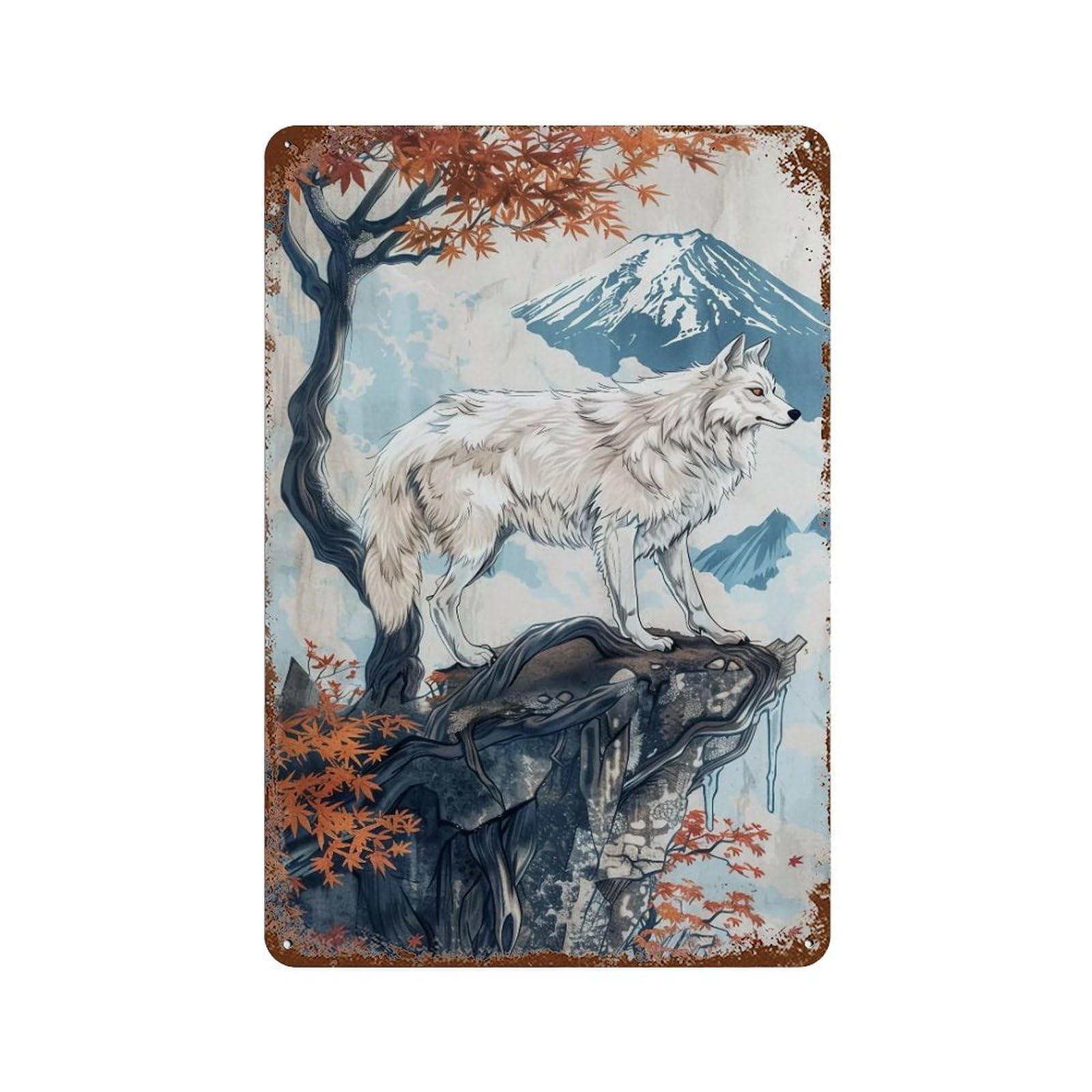 HDURYEYRYY White Timber Wolf Under Autumn Maple Fuji 04 Wall Retro Iron Vintage Art Metal Tin Sign Poster Modern Home Cofffee Club Art Bar Shop Decor 30x20cm
