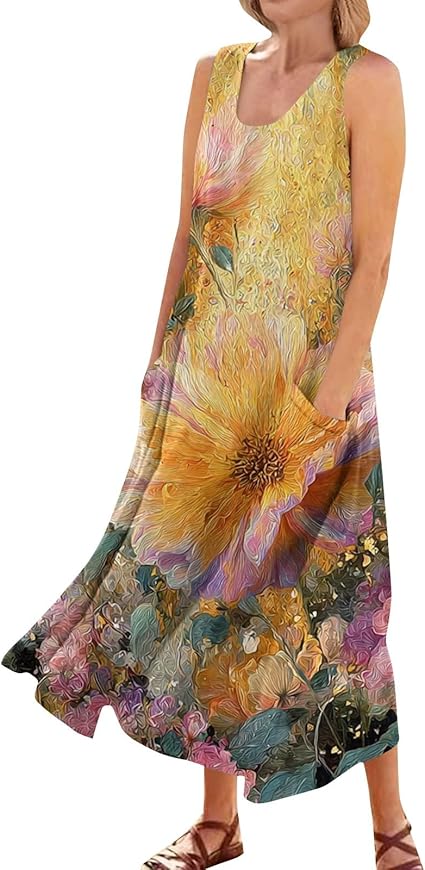 Plus Size Cotton Linen Summer Dresses for Curvy Women 2025 Sleeveless Maxi Vacation Beach Sundresses with Pockets