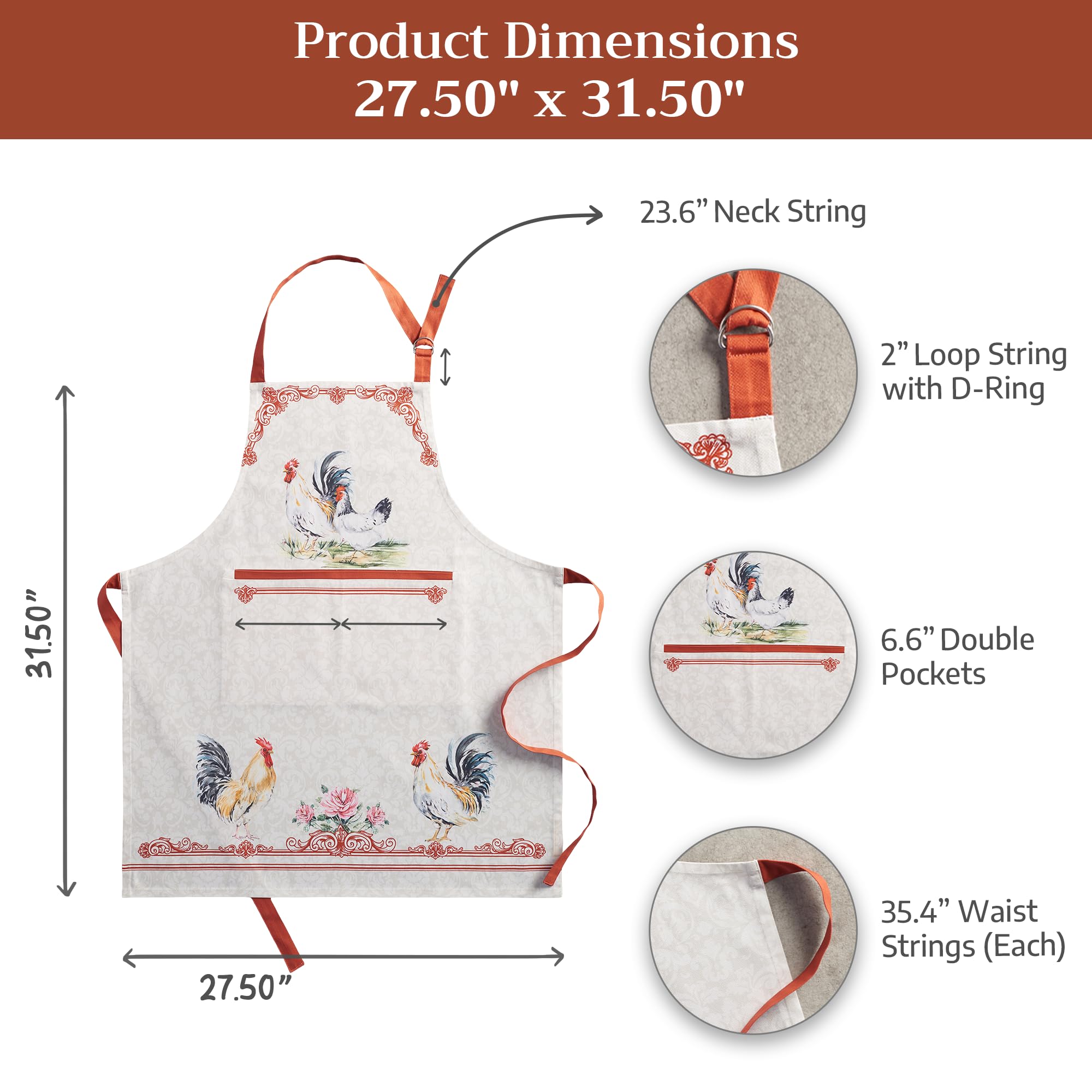 Maison d' Hermine - Delantal de algodón 100% con cuello ajustable y bolsillo central visible con corbatas largas para mujeres y hombres chef (27.50 x 31.50 pulgadas)