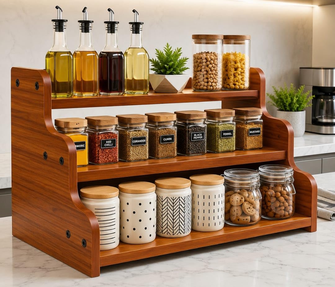 SAFAK 3-Tier Kitchen Spice Rack, 13.9.6 Inch Wood Step Shelf Countertop Spice Storage Holder, Kitchen Pantry Cabinet Organizer Cupboard for Spice Bottles, Jars, Seasonings, Baking Supplies, rack