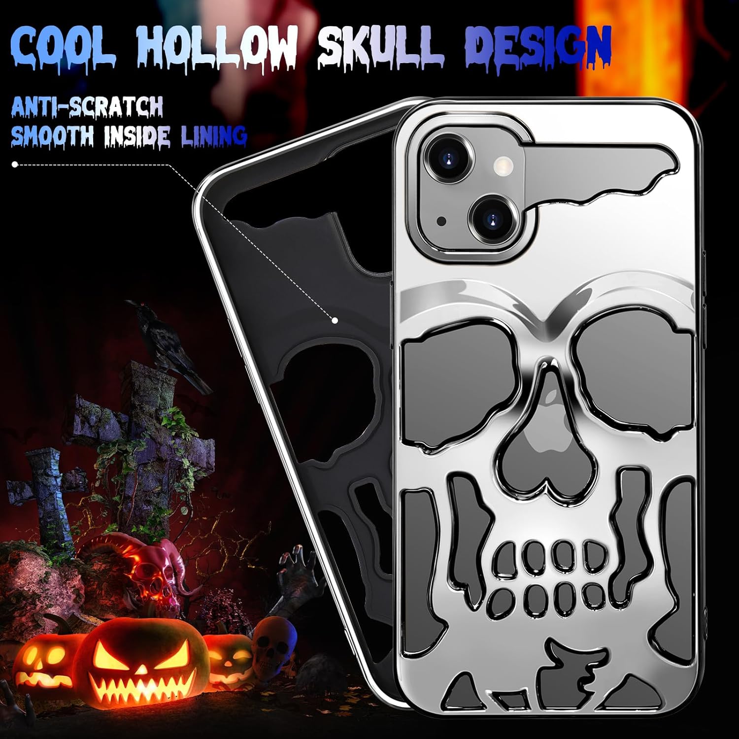 for iPhone 14 Phone Case for Men Women, Cool Skull Skeleton Funny Gothic Hollow Phone case for iPhone 14 Cute Hollowed Plated Shockproof Cover for Boys Girls, Silver - Image 3