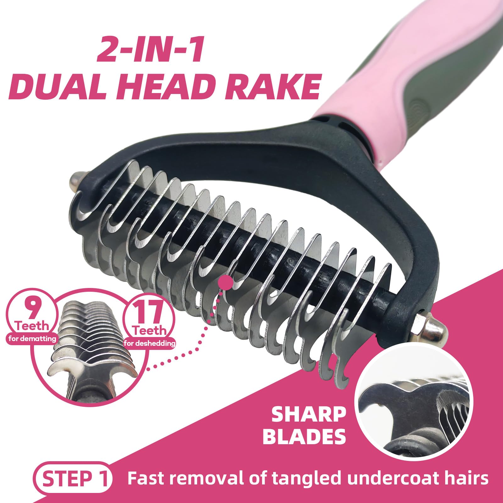 Pet Grooming Kit - 7 PCS Deshedding Brush Set with Slicker, Undercoat Rake, Bath Brush & Nail Clipper for Short & Long Haired Dogs, Cats (Pink) - image 2