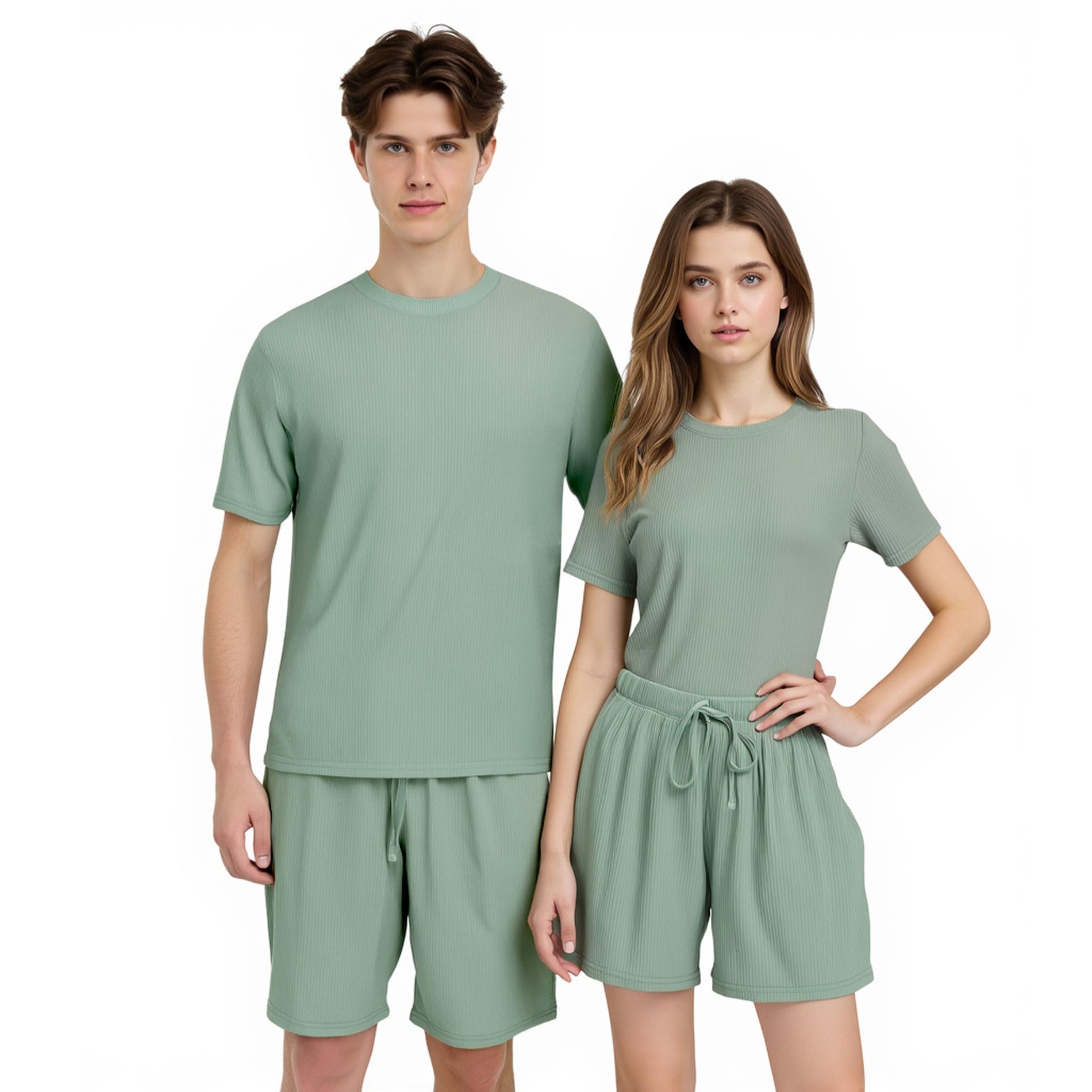 Couples Matching Pajamas Sets Ribbed 2 Pieces Lounge Set Soft Short Sleeve Tops and Shorts Loungewear-image-43
