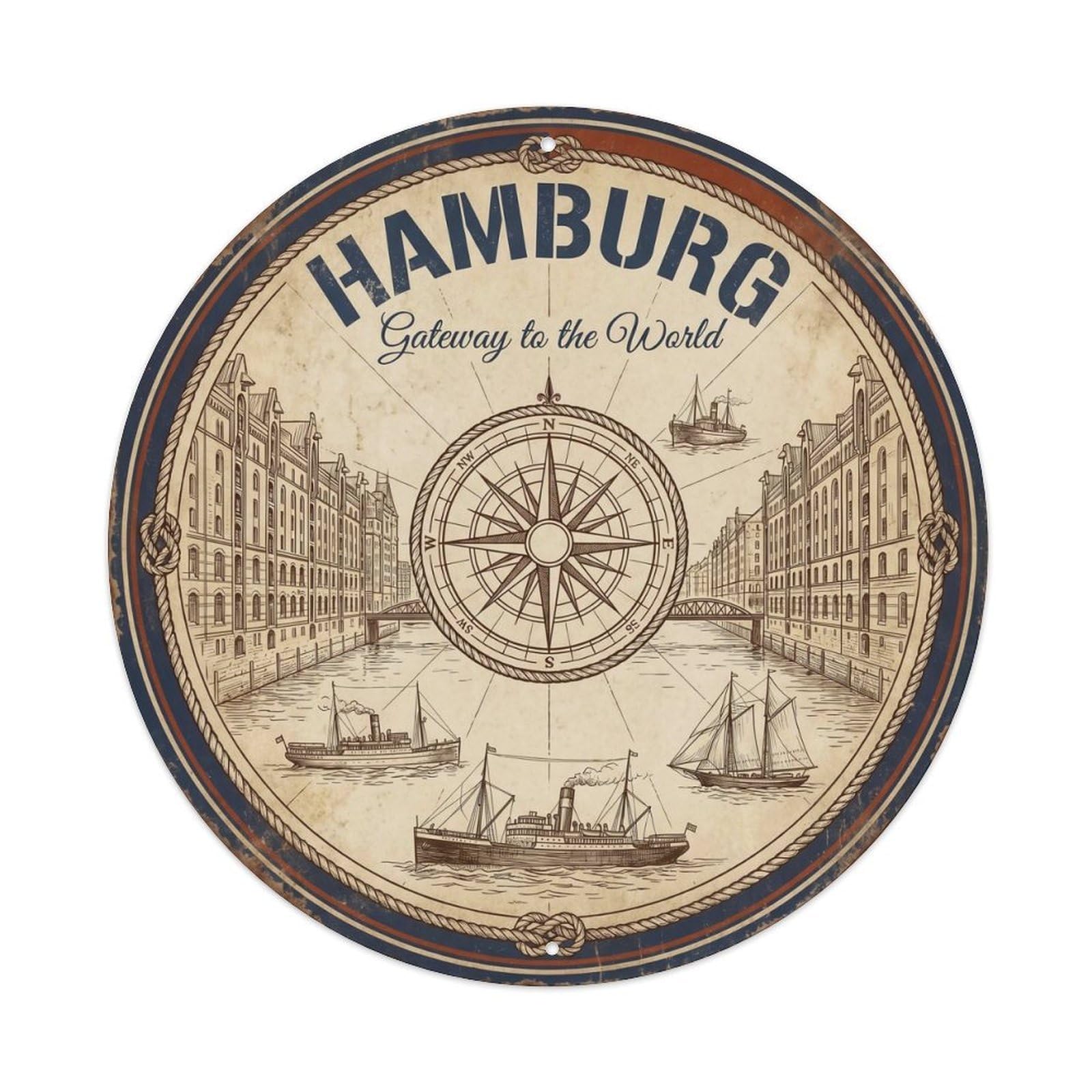 Yrnq Vintage Style Vintage Travel Hamburg Port Germany Vintage Metal Tin Sign Plaque Wall Decor For Cafe, Club, Garden Round Metal Poster 8X8inch