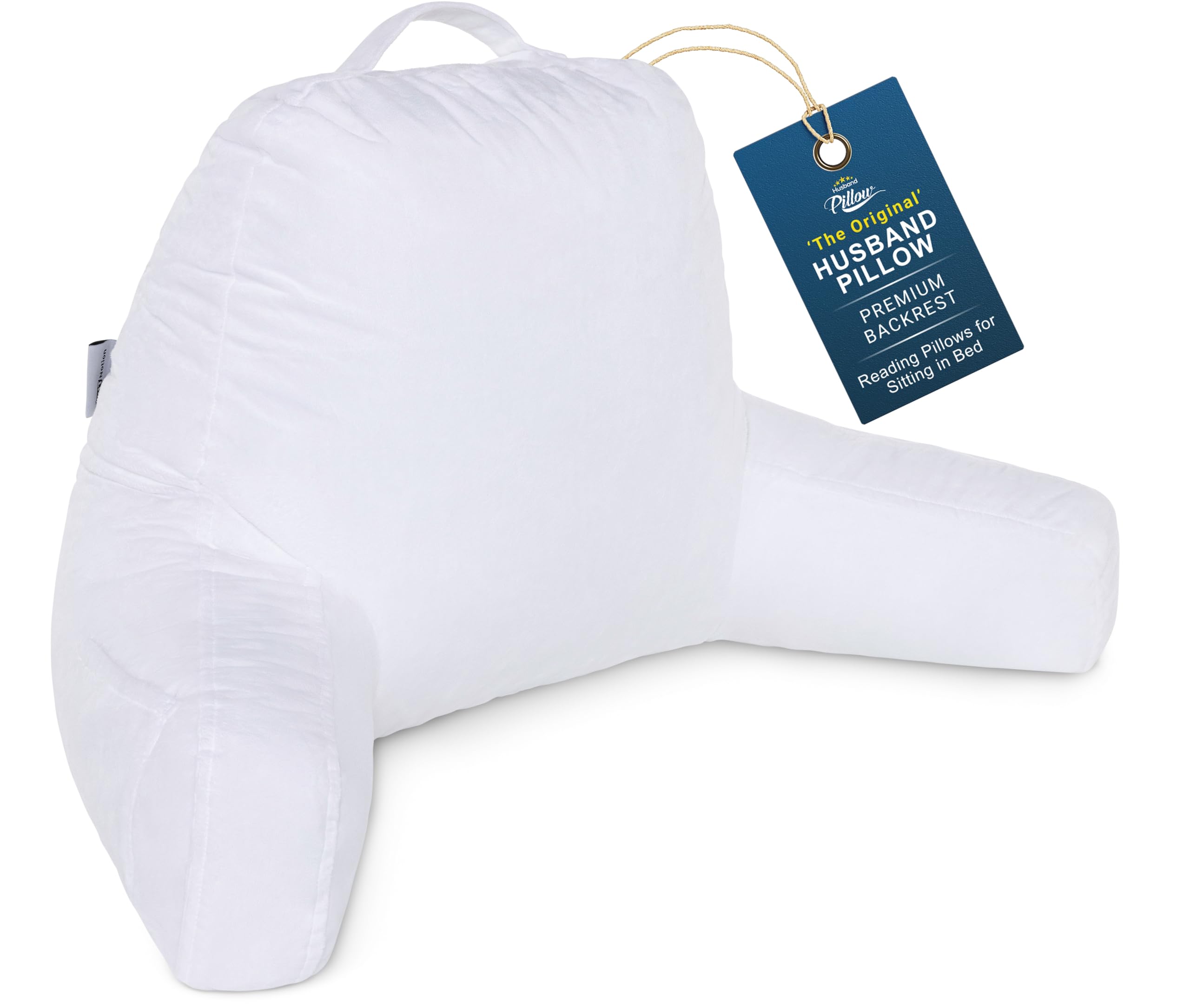 Husband Pillow White, Original Reading Pillow in Bed Rest Chair, Shredded Memory Foam Large Lounge Cushion Adult Backrest with Arms, Comfy Back Support for Sit Sitting Up, Washable/Removable Cover