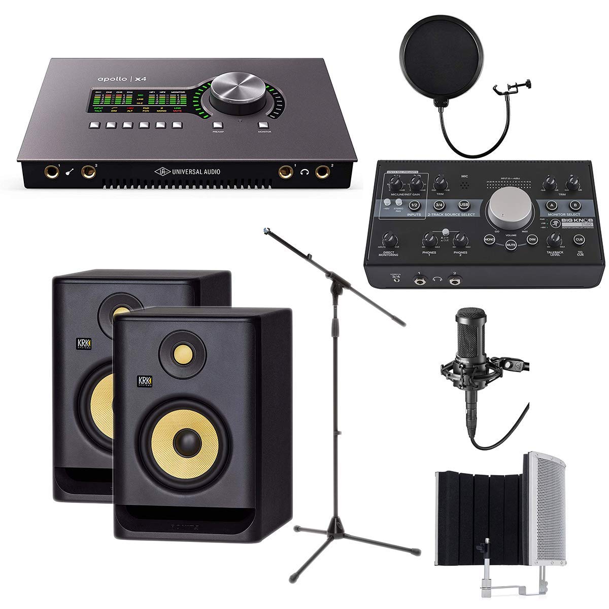 Clutch Universal Audio Apollo x4 – Mackie Big Knob Monitor – KRK RP5G4 Pair – AT2035 – Mic Stand – P
