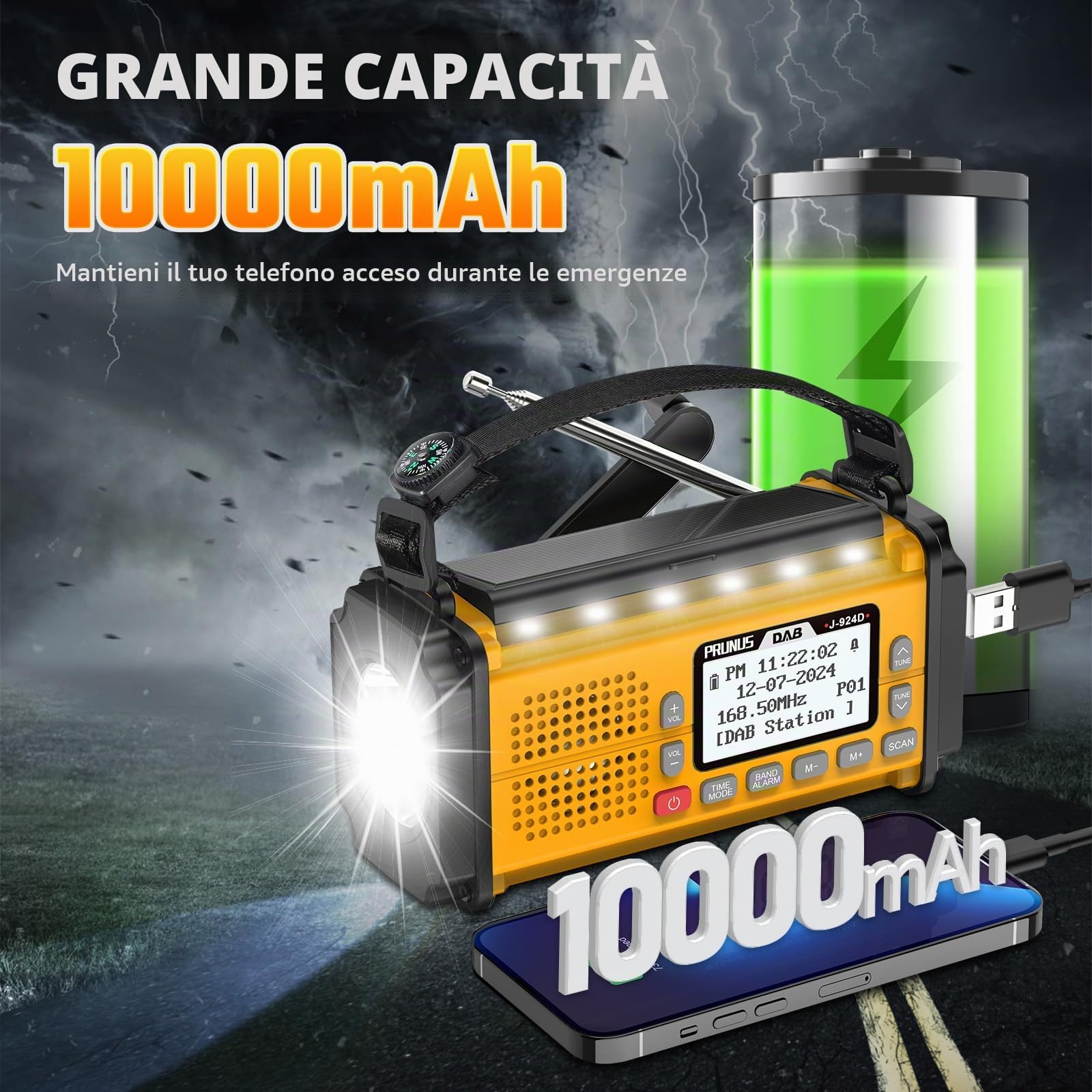 PRUNUS J-924 DAB Radio Portatile Emergenza Solare FM, Radiolina a Manovella Dinamo con Batteria da 10000 mAh, Radio a Pile con Torcia e Luce da Lettura/Allarme SOS per Ourdoor, Emergenza (Giallo)