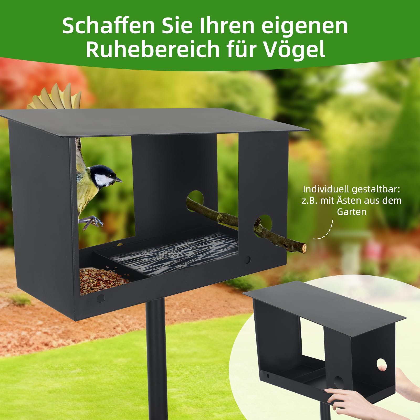 Pajarera con soporte, resistente a la intemperie, comedero para pájaros de acero inoxidable, comedero para pájaros de pie, 3 en 1, con techo de metal resistente a la intemperie, comedero para pájaros