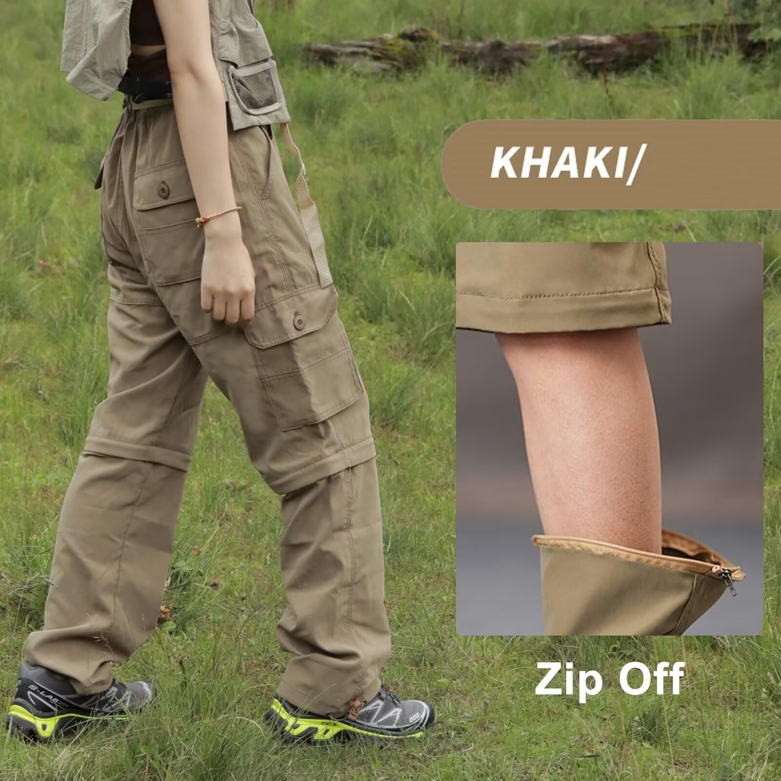 Pantalon de randonnée zippé pour femme - Séchage rapide - Pantalon de trekking - Jambes amovibles - Respirant - Pantalon cargo d'été - Pantalon fonctionnel avec ceinture - 6 poches