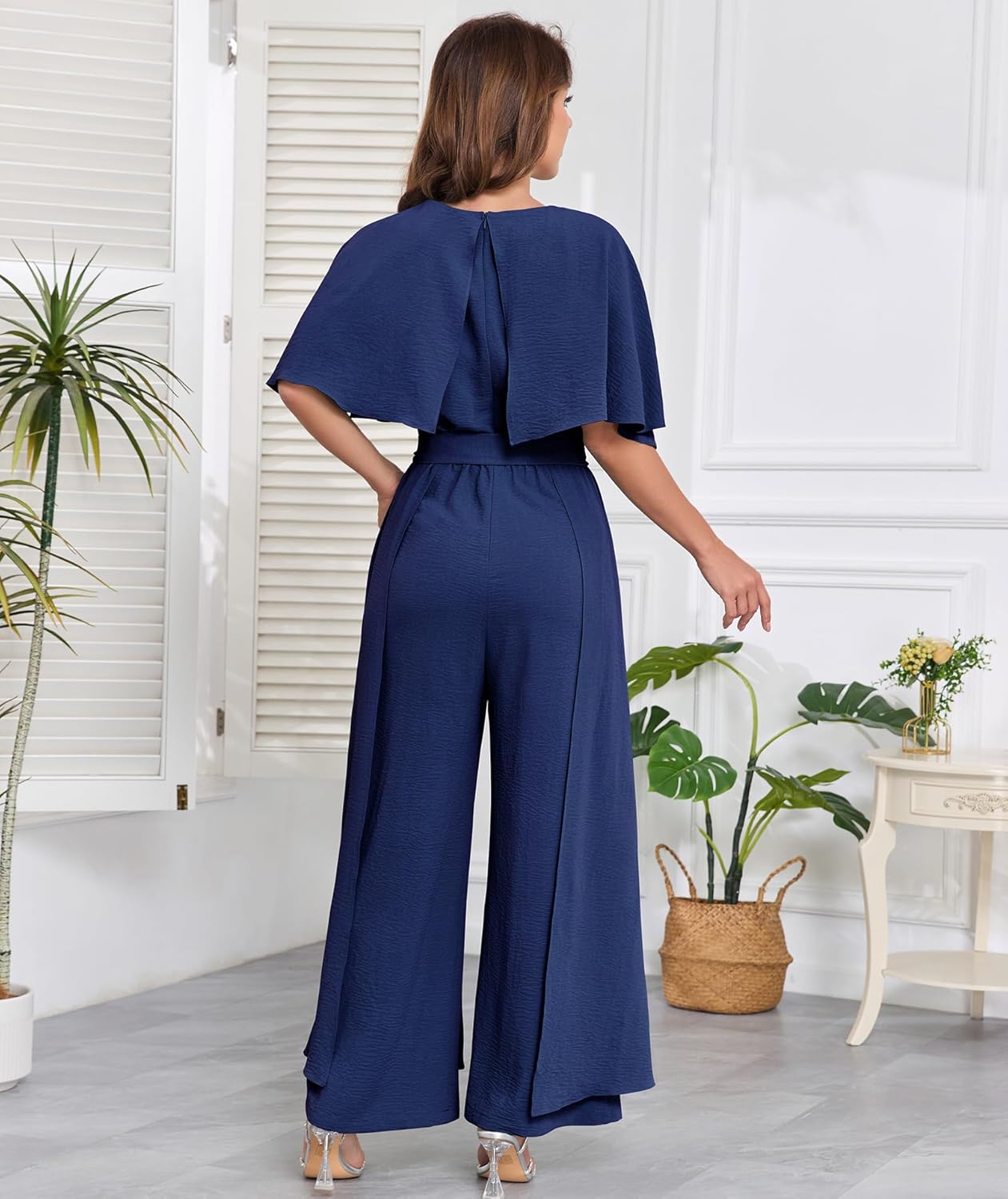 Jumpsuits for Women Dressy Casual One-Piece Outfits Elegant Formal Cape Belted Wide Leg Rompers Evening Pantsuits - Image 4