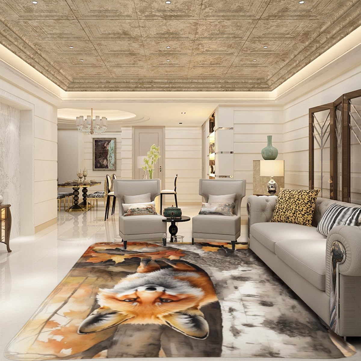 Area Rugs Fall Maple Leaf Fox Non Slip Washable Rug Runner, Autumn Retro Low Pile Indoor Floor Carpet Mat Bathroom Rugs for Bedroom 2'x3'