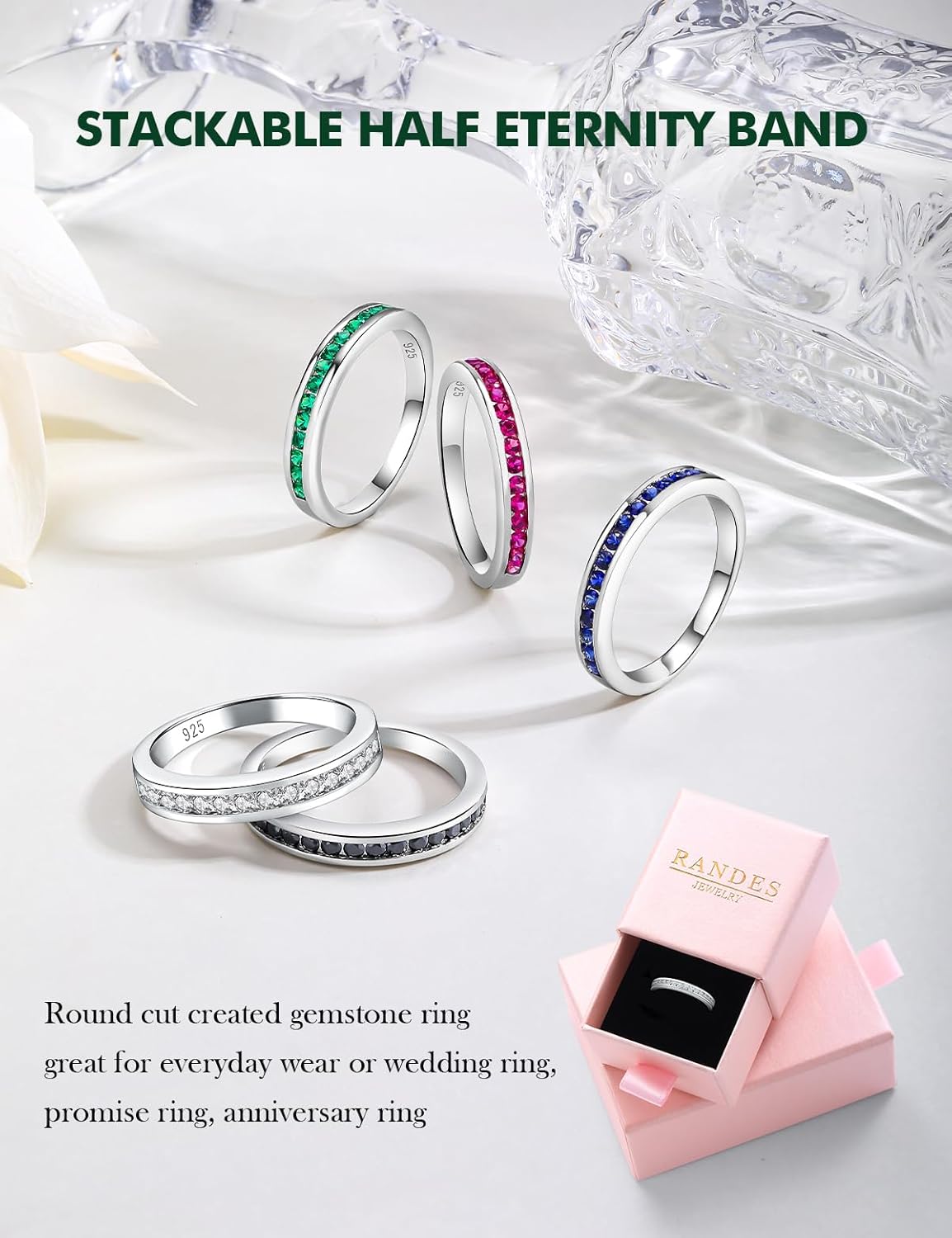 Womens Wedding Bands Sterling Silver/14K Gold Plated Half Eternity Band Rings Created Sapphire/Emerald/Ruby/Moissanite Cz Cross Ring Stackable Anniversary Ring Size 6 to 10 - Image 4