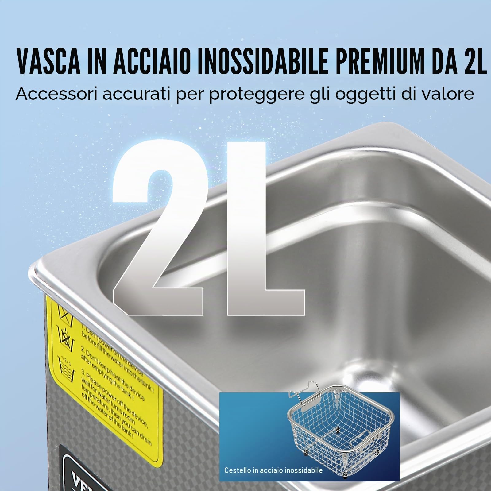 VEVOR Pulitore a Ultrasuoni Vassoio Display Digitale in Acciaio Inox Capienza 2 Litri con Riscaldamento Tempo Temperatura Regolabile, Macchina Pulitrice a Ultrasuoni per Gioielli Occhiali Laboratorio