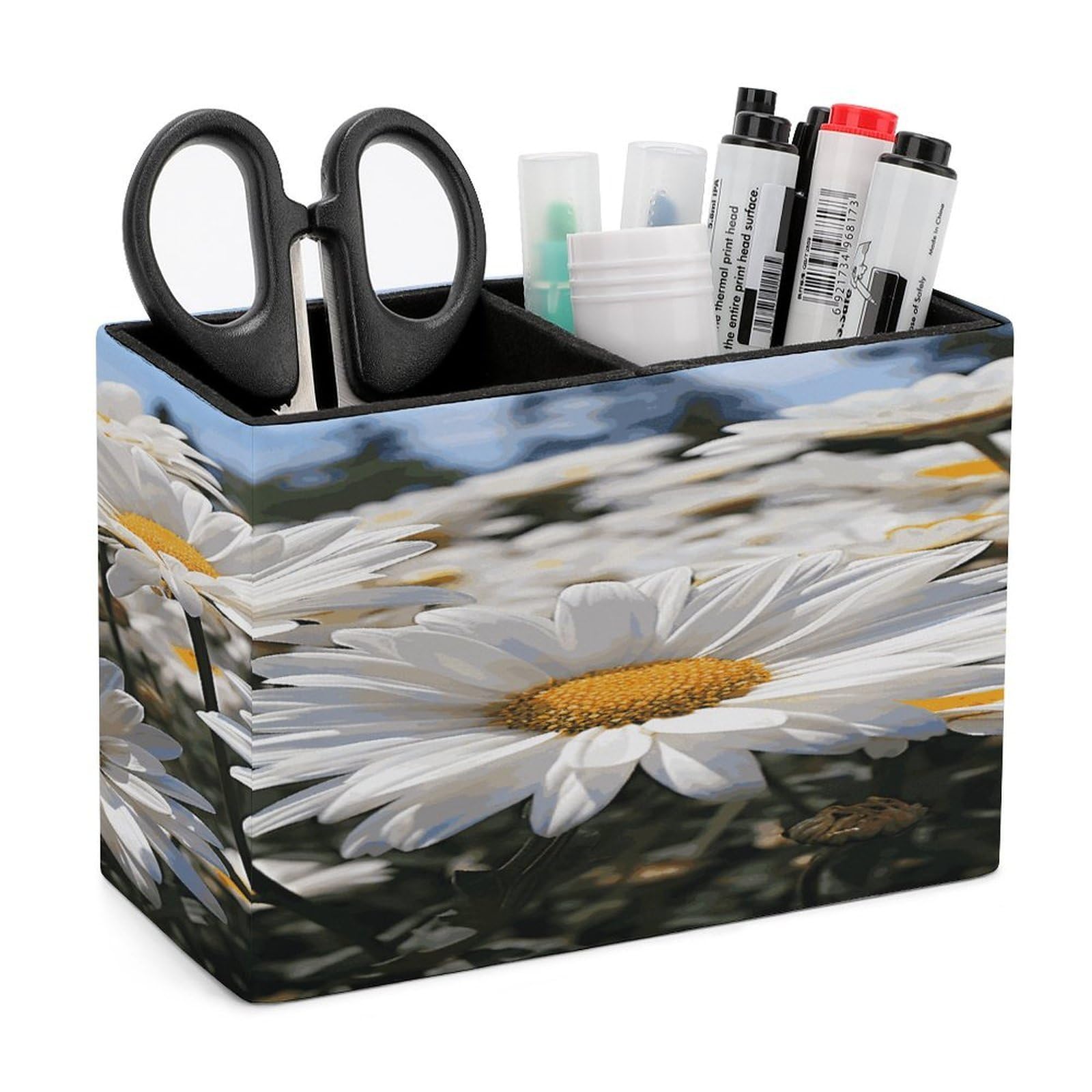 VstaDank Wild White Daisies Pencil Holder for Desk(Double Slots) Fashion Leather Pencil Cup Simple Rectangular Shape Pen Holder Multi-Functional Pen Cup for Home Office Supplies Storage