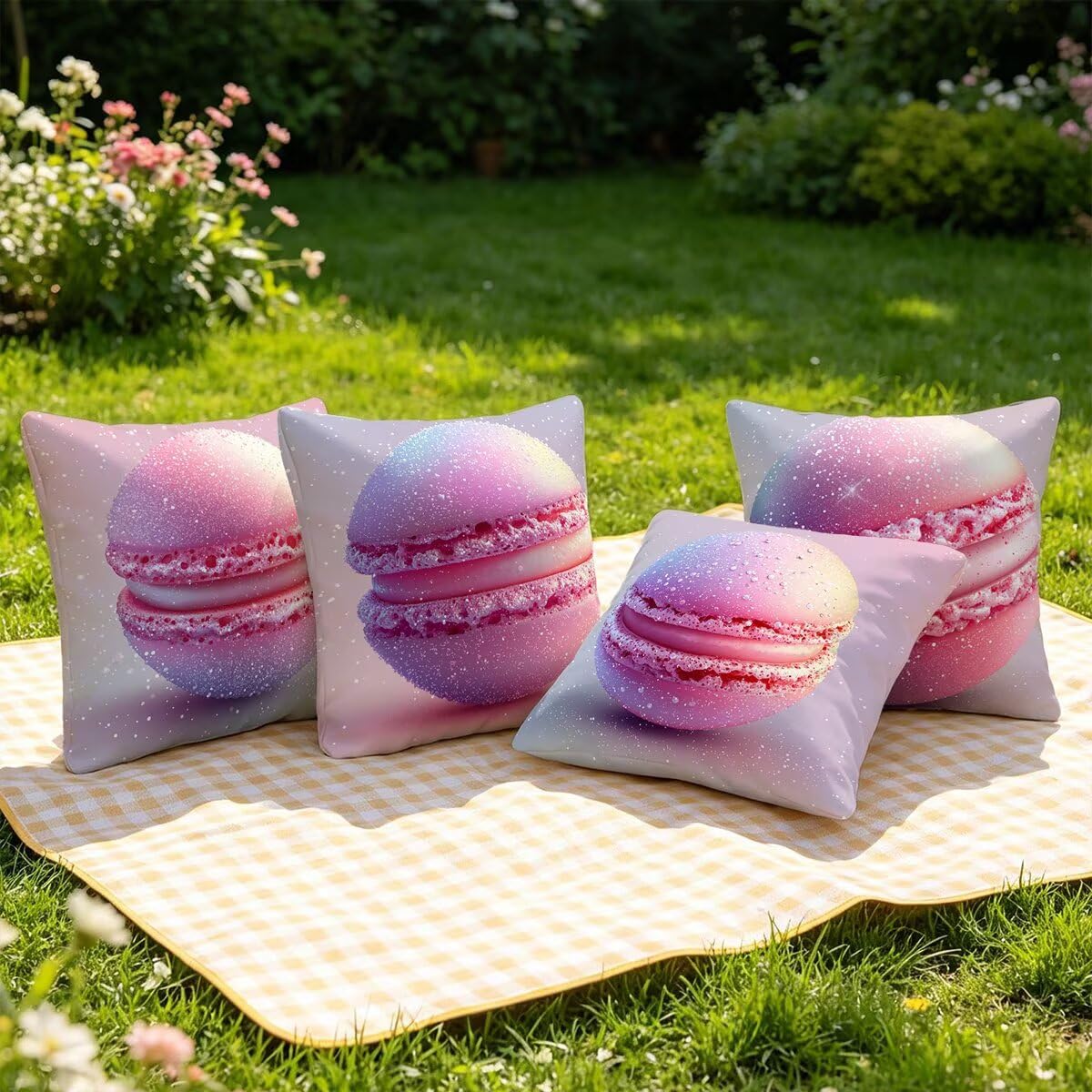 Federe Cuscino Divano 60x60, Viola Cuscini per Divano da Esterno Set da 4, Lino Copricuscini Divanos Impermeabile, Copri Cuscini Macarons Motivo Fronte Retro Stampato per Giardino, Sofá, Balcón, D-97