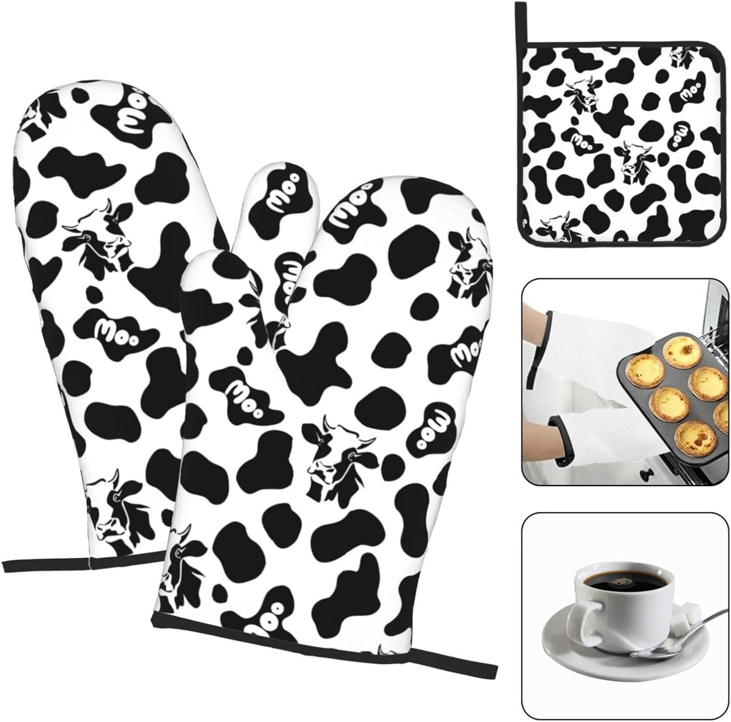 Cow Print Oven Mitts and Pot Holders Sets Heat Resistant for Kitchen BBQ Microwave Baking Grilling Cooks Set of 3 Black White Kitchen Oven Glove - Image 3