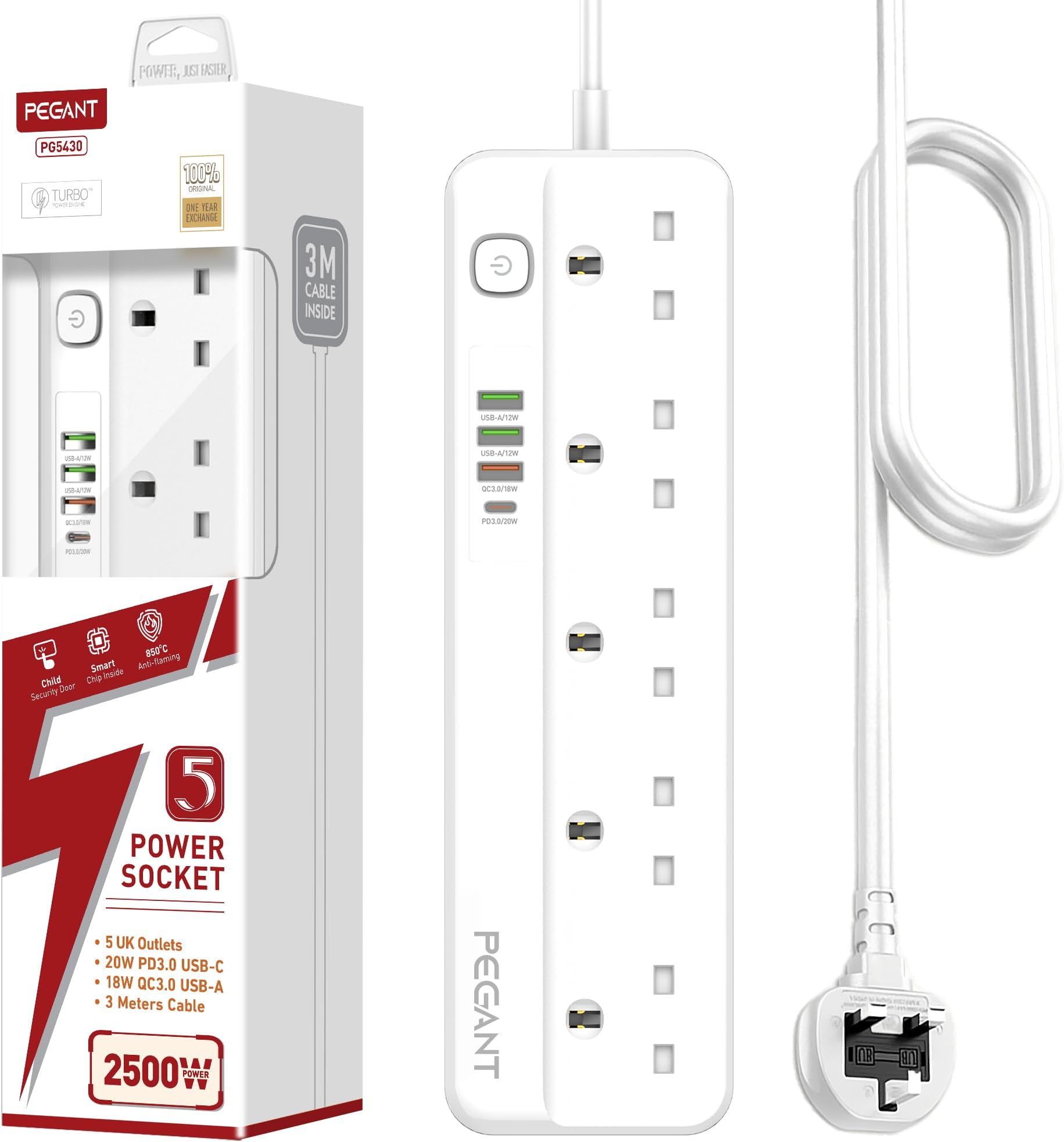 PEGANT 5 Way Power Extension Cord with USB, 1x 20W USB-C PD, 3x USB-A QC Fast Charging Ports, 5x UK Electrical Outlet Lead Sockets, Multi Plug Surge Protector Strip, 3M Cable (UAE Standard)