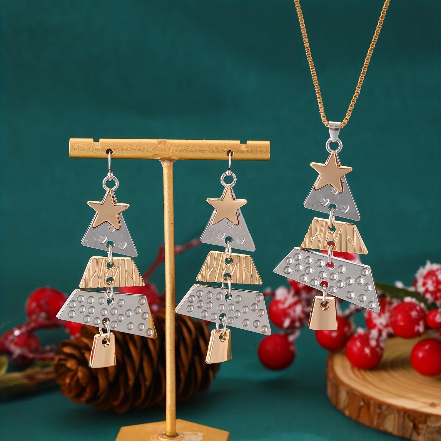 Christmas Tree Jewelry Set Metal Splicing Christmas Earrings Xmas Tree Pendant Necklace Earrings Winter Necklace Xmas Holiday Jewelry for Women - Image 6