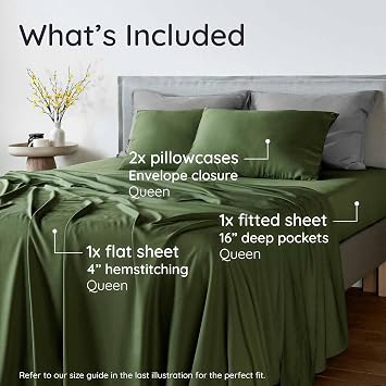 Bambaw 100% Viscose Derived from Bamboo Sheets Queen Size Set 4pcs Cooling Sheet Set, Super Soft Sheets Queen Size, Luxury Bedding, Deep Pocket Fits Up to 16'' Mattresses (Olive)