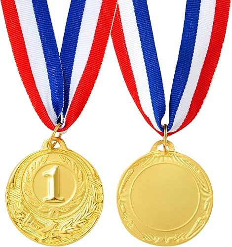Miniatura 7 de Juvale Paquete de 6 medallas de oro ganadoras del primer lugar para todas las edades, premios de participación con cinta roja, blanca y azul de 15.5