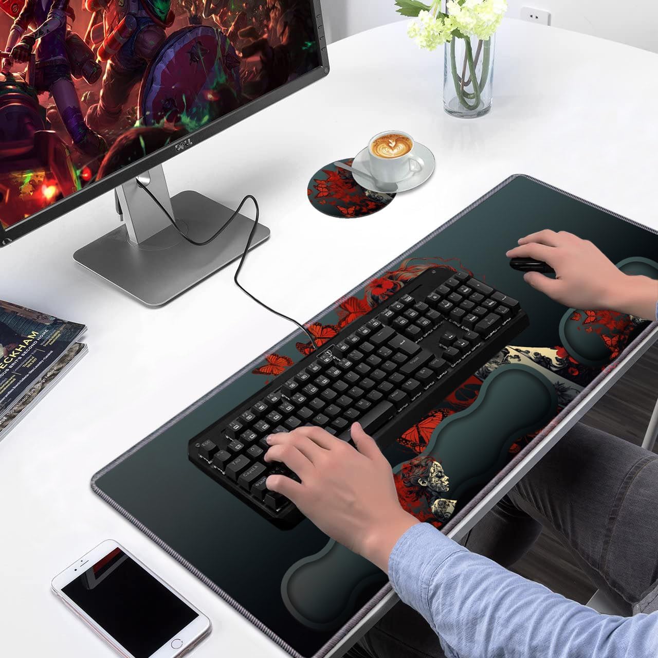 Ergonomic Keyboard Wrist Rest & Mouse Pad Wrist Rest Set, Large Gaming Desk Mat 31.5"x 11.8" with Non-Slip Base, Memory Foam, Easy Typing Pain Relief for Home & Office, Tattooed Girl and Red Butterfly