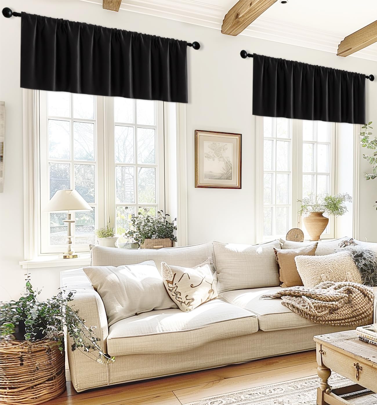 Black Curtains Valances for Bathroom Shower Window Waterproof,60 Wide Enough Ruffle Rod Pocket Set 2 Pack Blackout Room Darkening Small Window