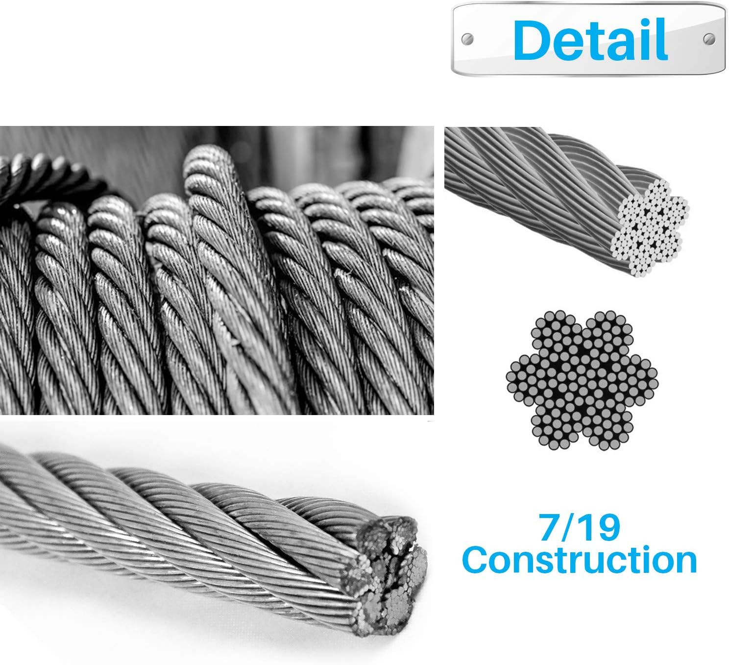 Patio 3/16 inch Stainless Steel Wire Rope, 157 Ft Steel Cable and 8 Pcs Clamps Coated, 7x19 Stand Core Metal for Picture Hanging, Light Zip Line, Fencing Wire, Shade Sail Hardware Kit