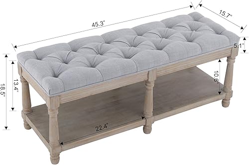 Miniatura 23 de Banco de almacenamiento de madera para entrada, banco otomano tapizado de lino con botones con patas negras para dormitorio, extremo de la cama, 45