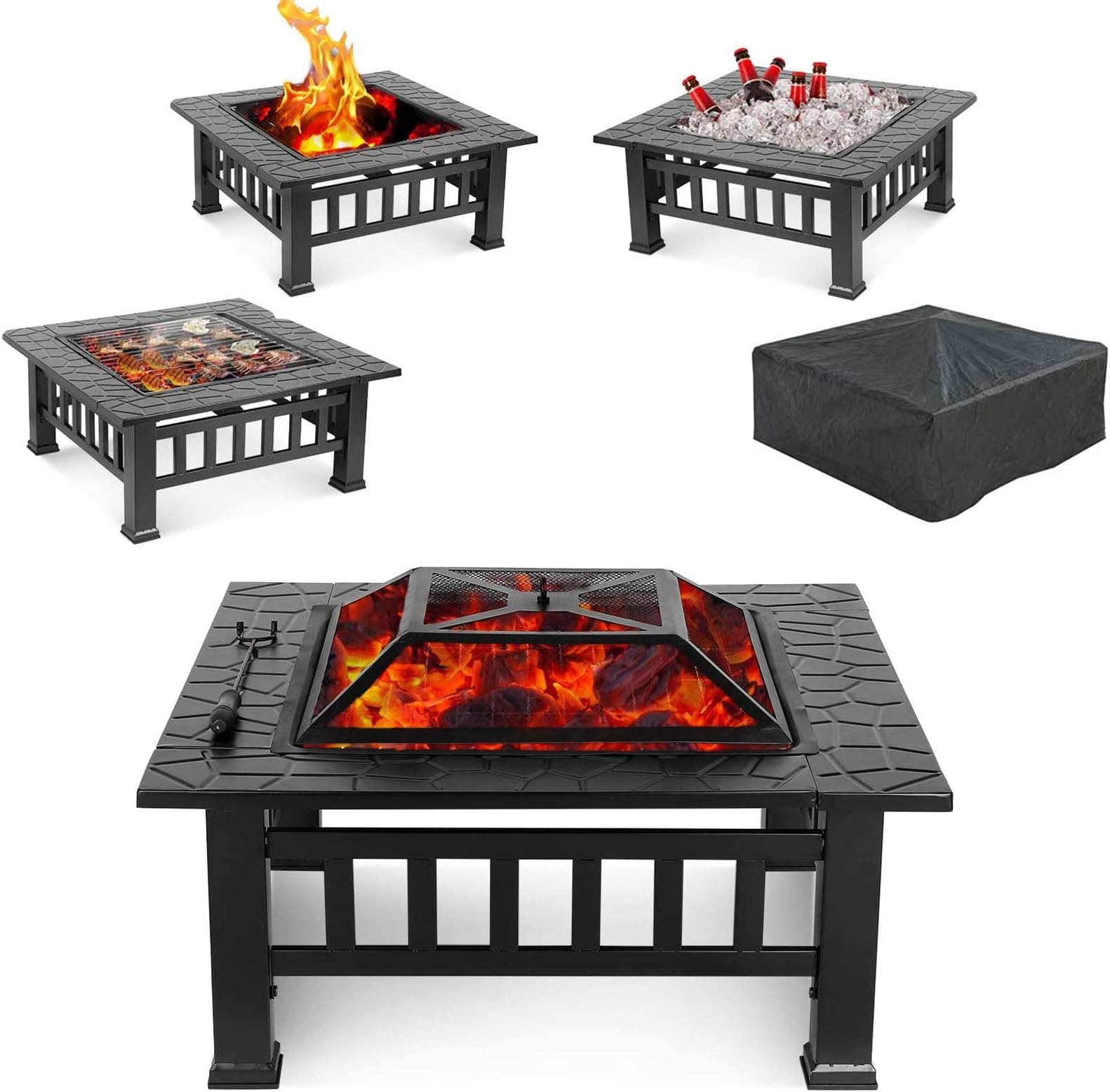 32" Outdoor Fire Pit Table with Grill, Wood Burning Fireplace Bowl, Multi-Function Square Stove, w/Spark Screen, Poker, Rainproof Cover for Picnic, Camp, Bonfire, BBQ, Patio, Backyard, Party