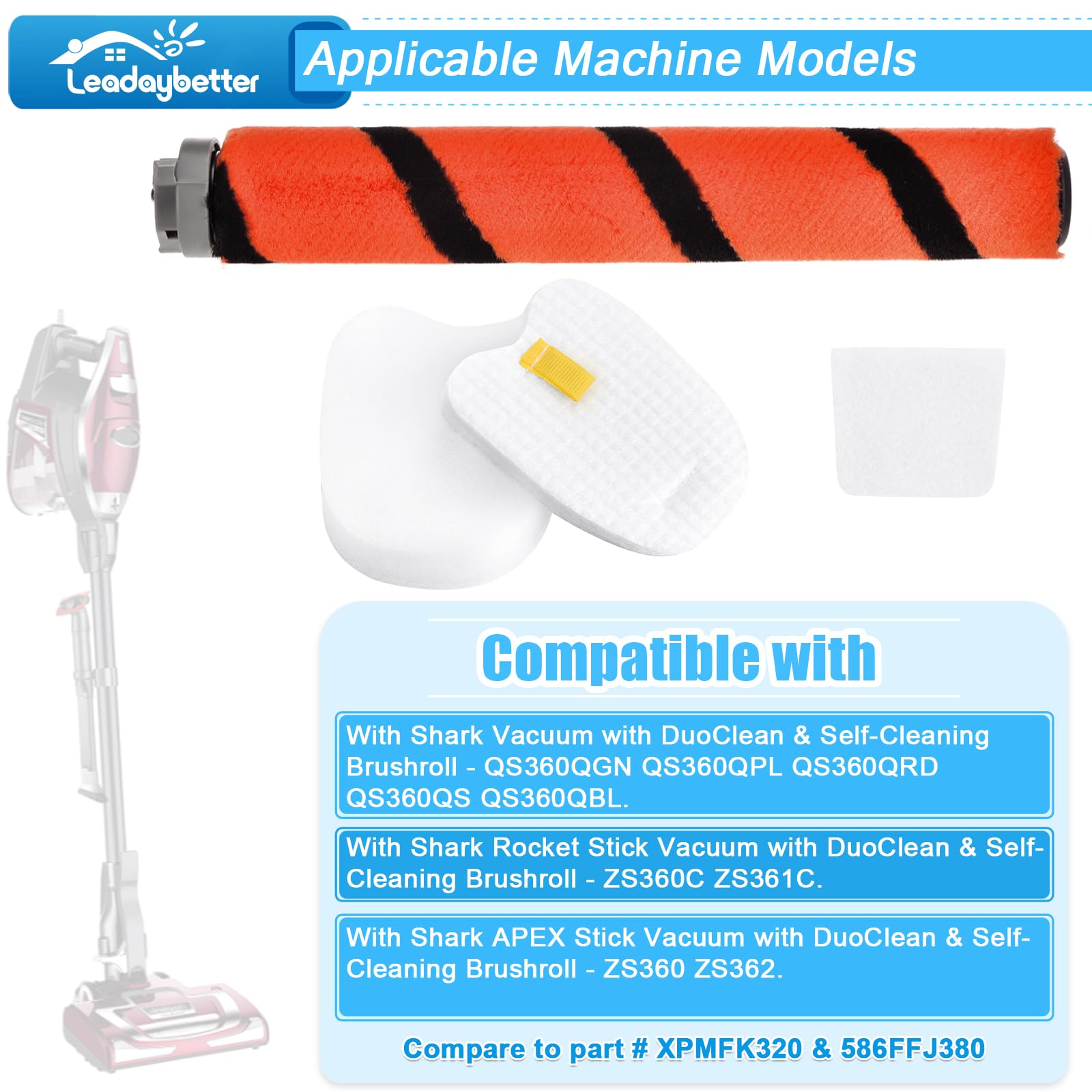 Leadaybetter Spazzola a rullo di ricambio per aspirapolvere Shark Rocket APEX DuoClean ZS360 ZS360C ZS361C ZS362 QS360QBL QS360QGN QS360QPL QS360QRD QS360QS, sostituisce le parti # XPSTFH380 & 2380